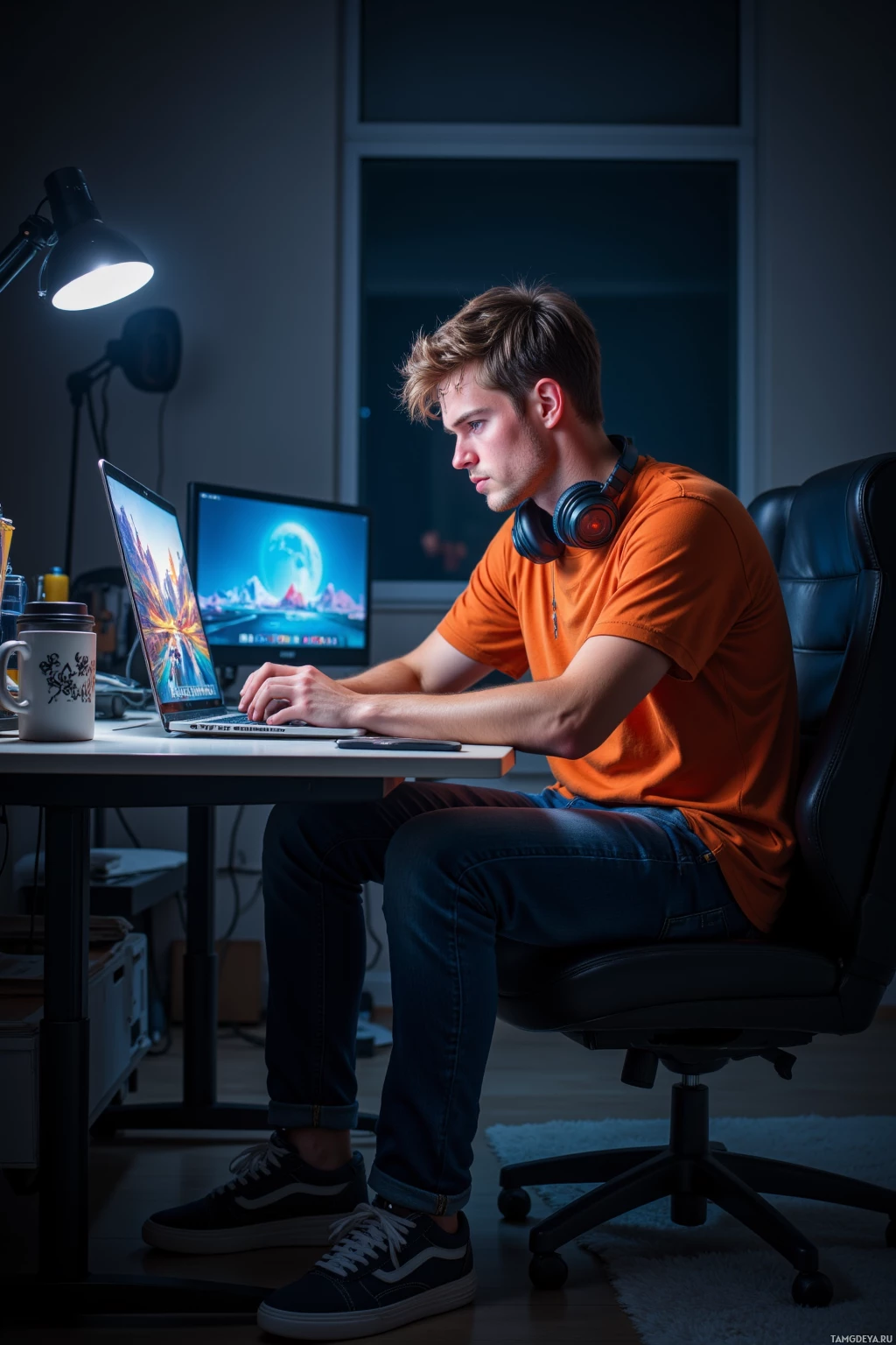 Realistic high quality photo. A 22‑year‑old man with messy light brown hair and bright blue eyes, wearing an orange t‑shirt and casual sneakers, sits at a cluttered desk in a dim modern bedroom, laptop open to a glitchy remix video, headphones on his neck, a coffee mug beside him, surrounded by flickering digital artifacts and a subtle burnt‑out blue glow, looking tired yet determined.