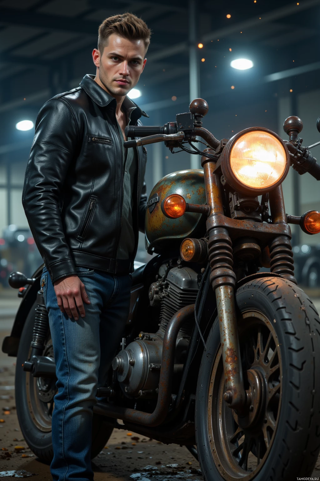 Realistic high quality photo. Male, 31, buzz‑cut light brown hair, green eyes, wearing a fitted black leather jacket and worn denim jeans, standing beside a rusted V4 motorcycle with a broken sprocket, midnight in an abandoned industrial lot, oil trails dripping, sparks flying from the engine, flickering overhead lights casting long shadows, his hand resting on the bike’s frame as if whispering a rite of passage.