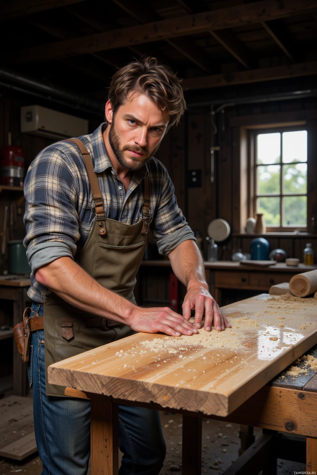 Realistic high quality photo. A rugged 30‑year‑old man with short messy dark brown hair, a thick beard, bright blue eyes, sun‑kissed weathered skin, wearing a rolled‑up flannel shirt and sturdy work boots, sanding a wet oak slab on a wooden workbench in a dim attic workshop cluttered with sawdust, precision measuring tools, a small station for neighbors, the air scented with fresh wood.