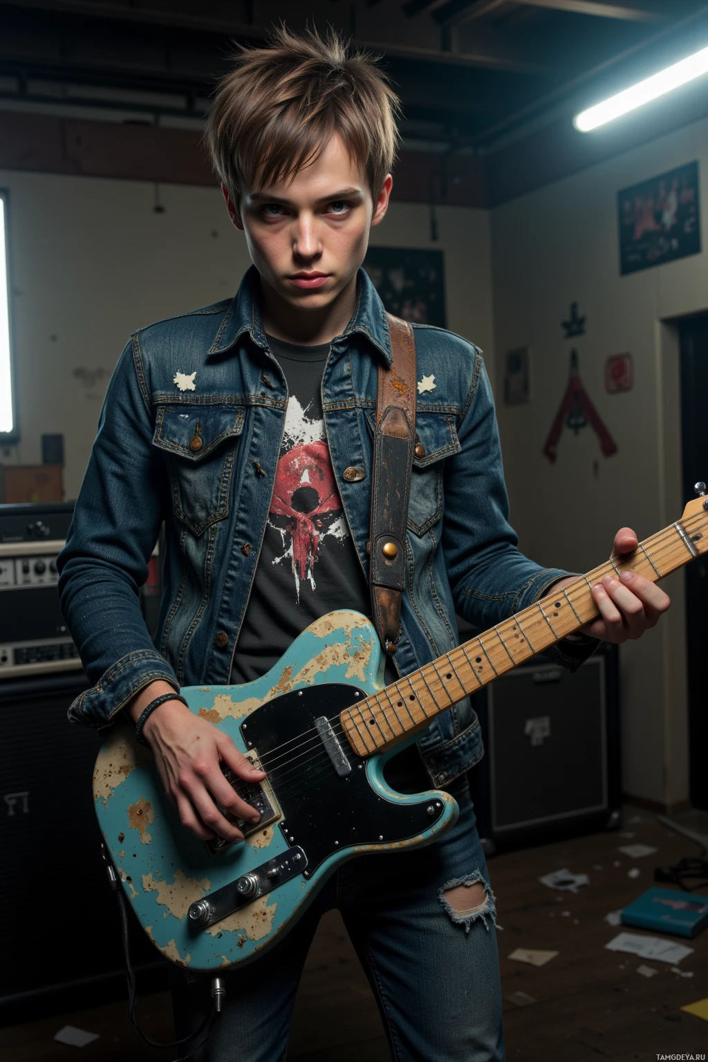 Realistic high quality photo. A 25‑year‑old punk rock musician with short light brown hair, piercing blue eyes, pale skin, wearing a worn denim jacket and a ripped graphic tee, strums a distorted guitar in a dim basement with a busted amplifier, walls echoing his riffs while a broken billboard casts a faint fluorescent glow, late‑night atmosphere.