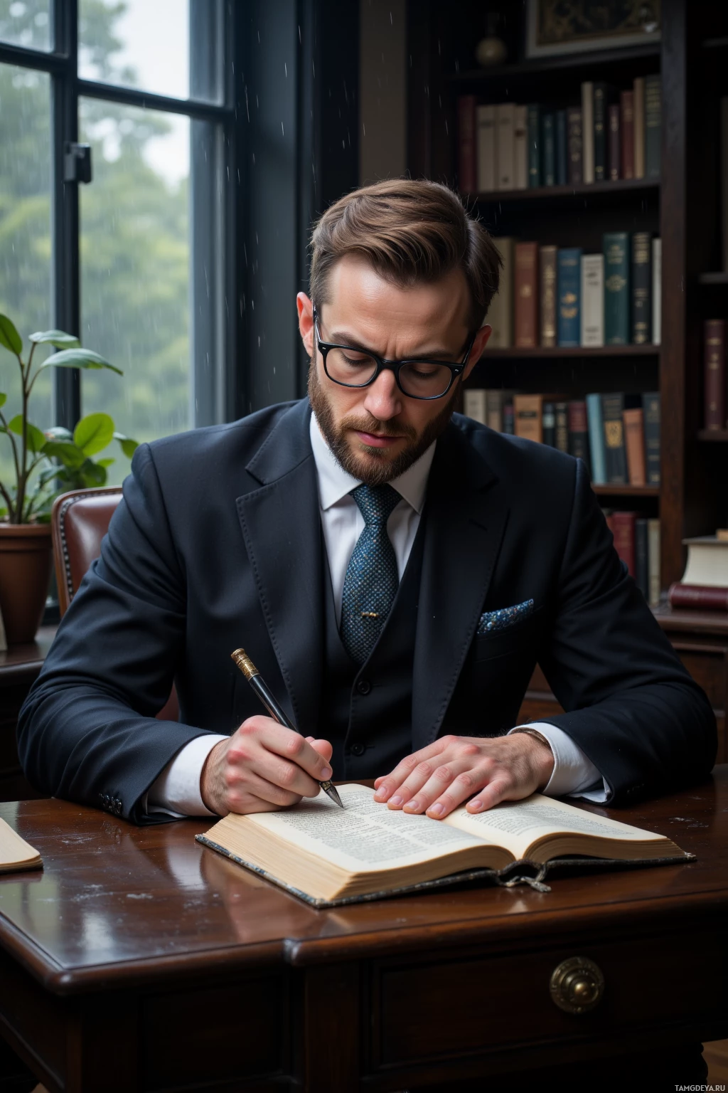 Realistic high quality photo. A 42‑year‑old man with light brown hair, trimmed beard, round vintage glasses, in a tailored dark suit, crisp white shirt, patterned tie, sits at a wooden desk in a dim study on a rainy afternoon, meticulously annotating the margins of a classic book while rain drums against the window.