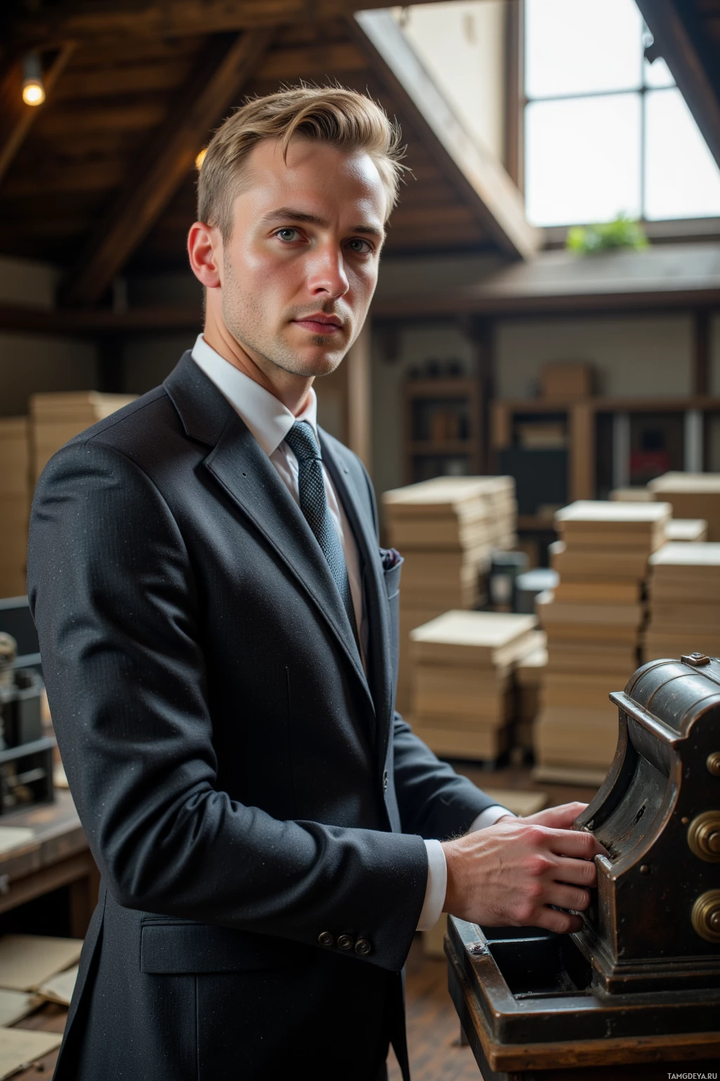 Realistic high quality photo. Man, 31, short blonde hair, blue eyes, fitted suit, crisp white shirt, patterned tie, standing in a light‑filtered attic with wooden beams and dusty stacks of late‑19th‑century punched‑card ledgers, carefully calibrating a tape counter on an old mechanical device, sunlight streaming through a high window, his posture precise and focused.