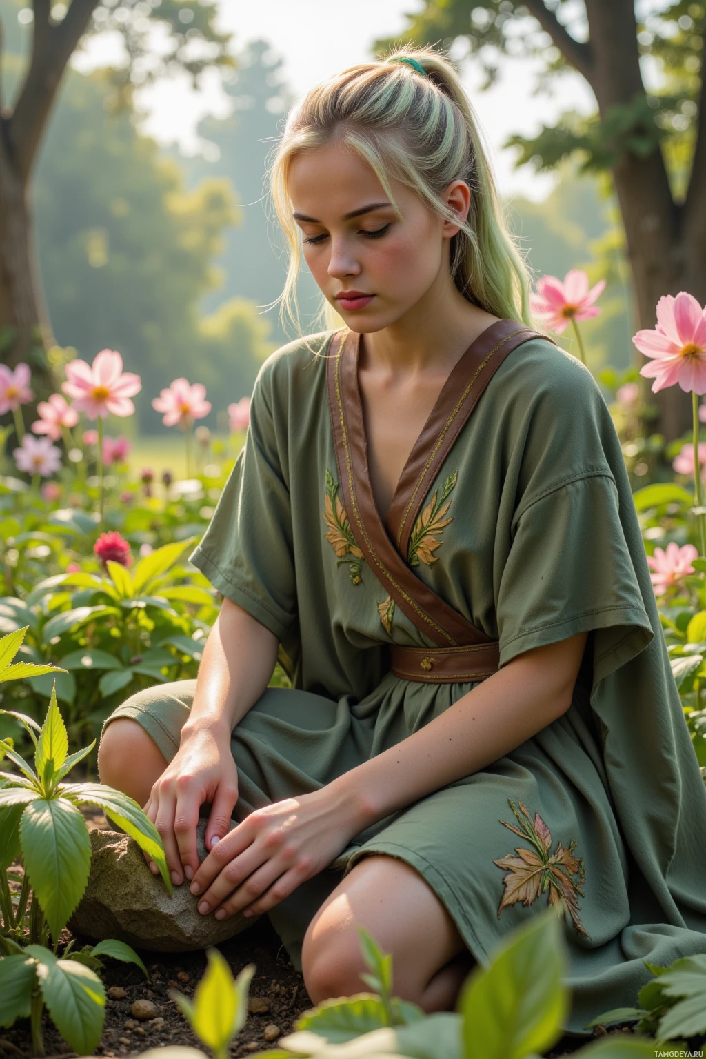 Realistic high quality photo. Young woman, 18, long light green hair in a loose ponytail, bright blue eyes, glowing skin, wearing an earth‑tone flowing robe with leaf and vine motifs, gently coaxing sprouting seedlings in a lush fantasy garden at dawn, nudging a half‑buried sharp stone back into the earth while watching dew settle on petals, valley breezes rustling leaves, serene and patient atmosphere.