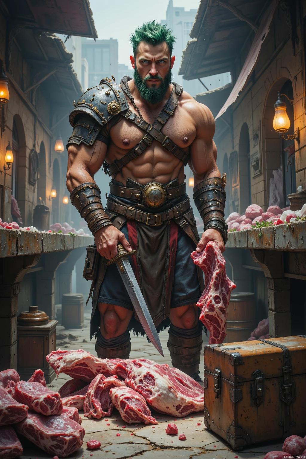 Realistic high quality photo. A gruff, muscular 40‑year‑old male butcher with shaggy green hair, piercing blue eyes, rugged skin, heavy leather armor with hooks and chains, pulls cuts of meat from a carcass under a scarred blade in a post‑apocalyptic ruined market, confronting a trader while a rusted tin chest rolls beside him, wind whipping dust across cracked concrete and dramatic shadows.