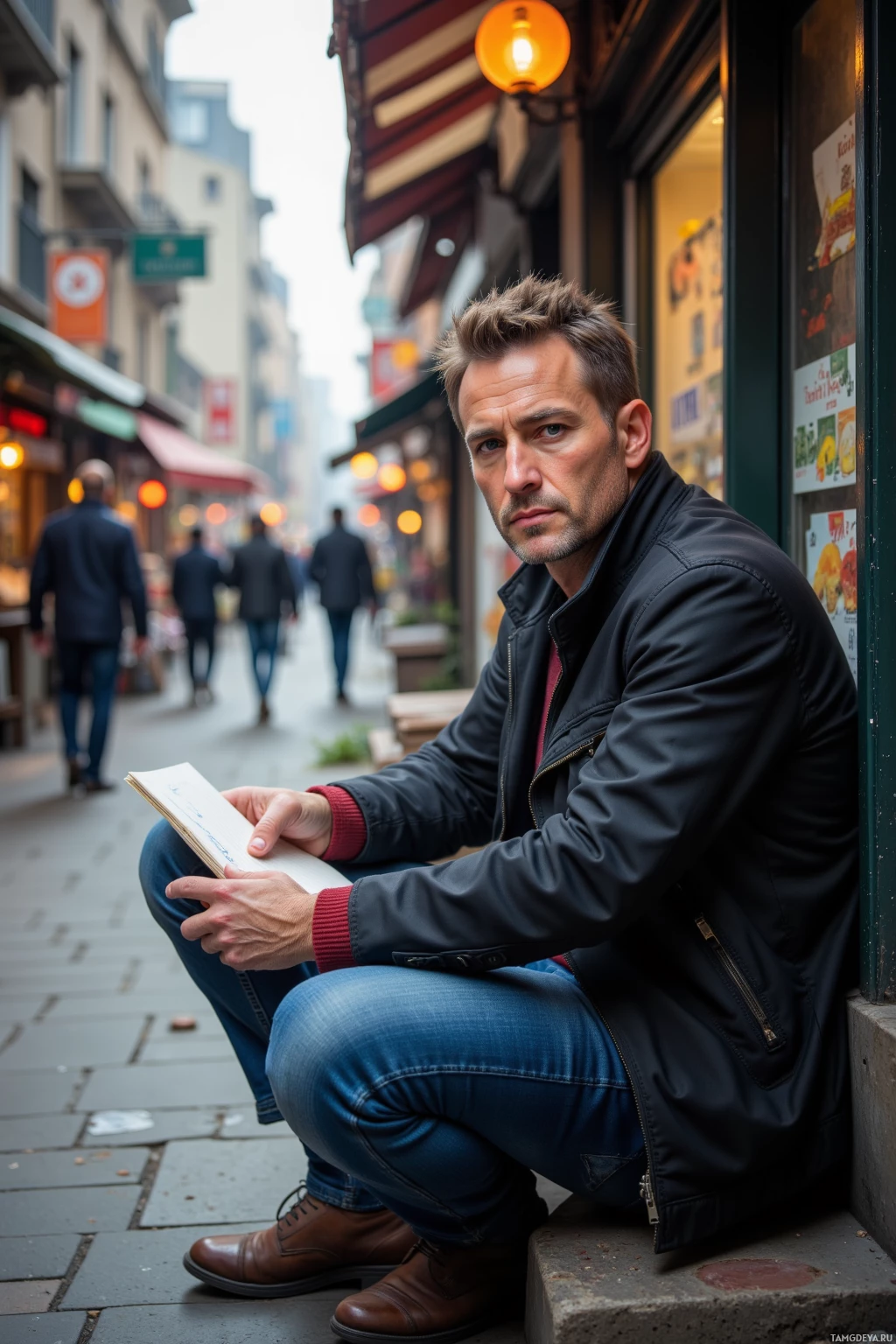 Realistic high quality photo. A serious 40‑year‑old man with short brown hair, pale skin, sharp blue eyes, strong jawline, wearing a dark jacket and fitted jeans, sits on a cracked sidewalk at dawn, hunched over a notebook while street vendors shout and sell goods in the bustling city streets, the early morning light casting long shadows.