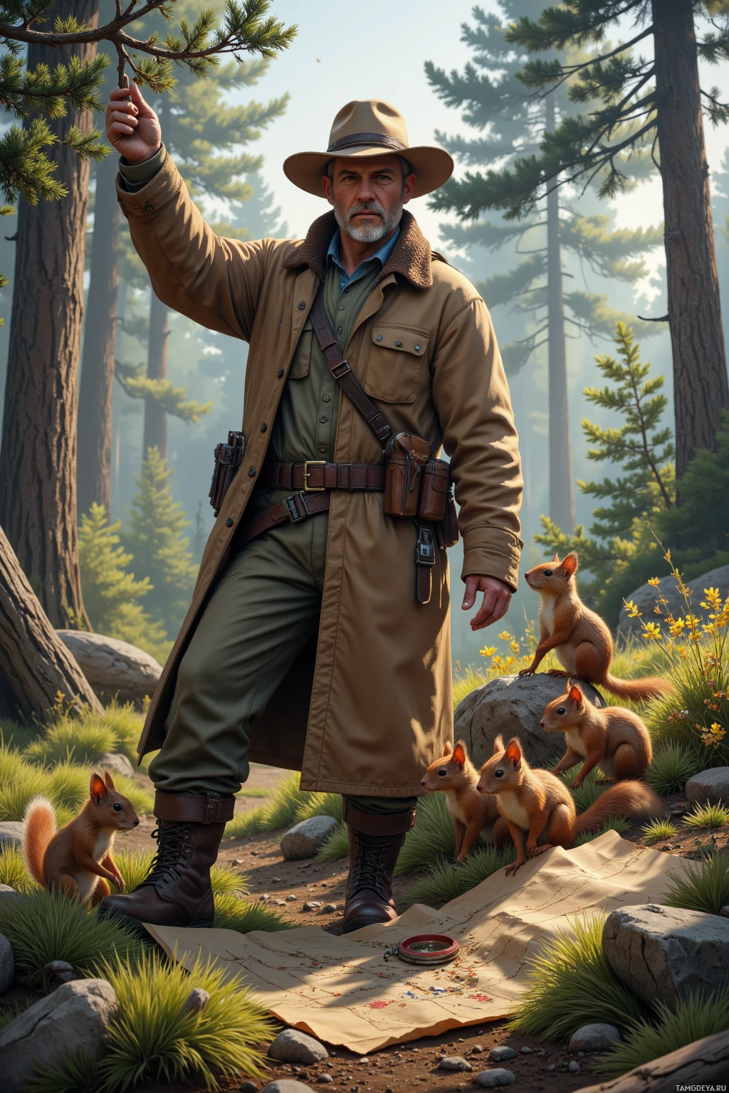 Realistic high quality photo. A seasoned ranger, 44, salt‑and‑pepper hair, piercing blue eyes, rugged earth‑tone coat, light stubble, stands in a pine forest clearing, pointing at a twig while a pack of curious squirrels look up, a compass and a worn map lay beside him, early morning light filtering through the trees.