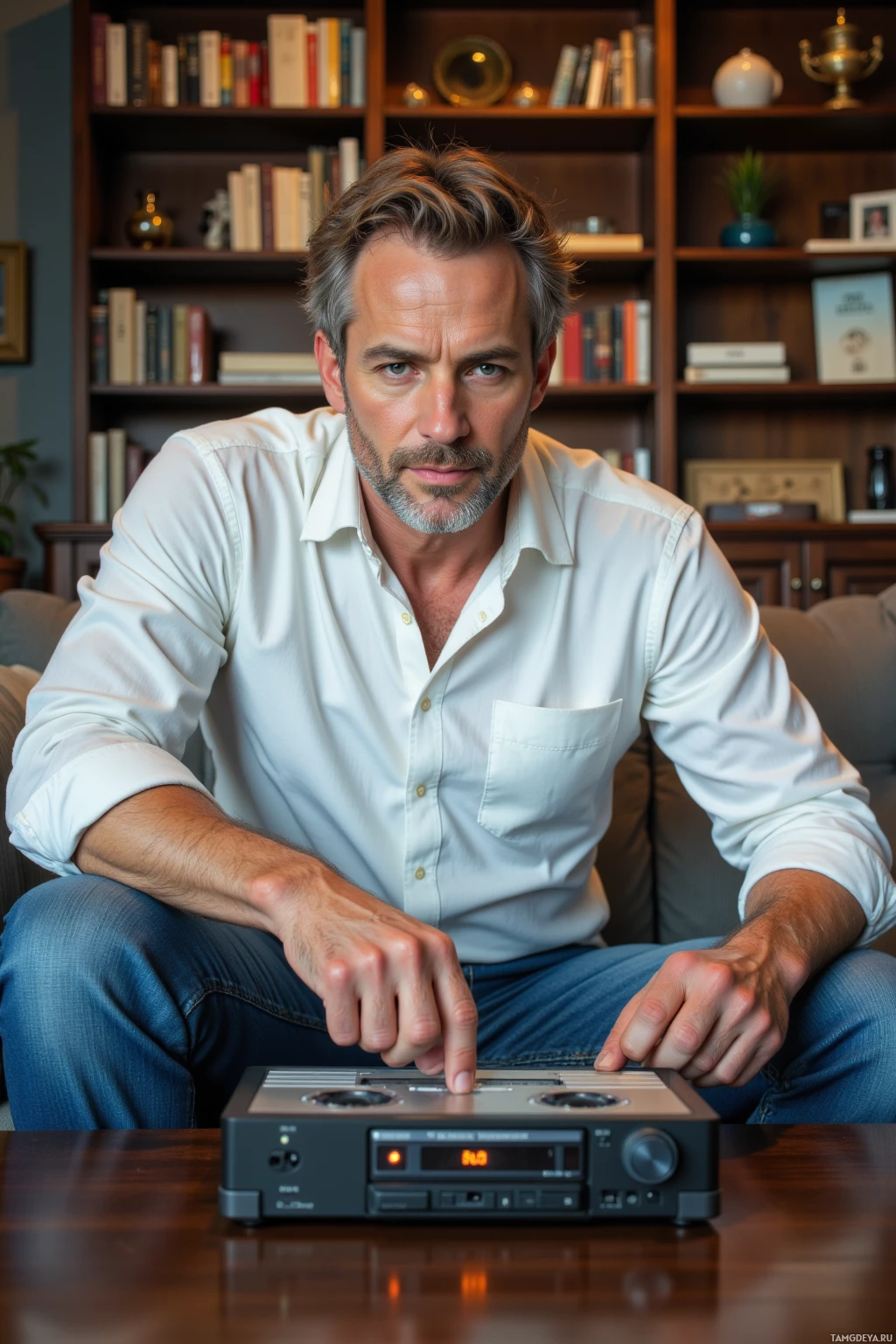 Realistic high quality photo. 48 year old man with light brown hair, blue eyes, wearing a white shirt and classic blue jeans, sits on a couch in a cozy living room, pressing the rewind button on a vintage cassette player with a 12‑track cassette in front of him, a shelf of dated tapes in the background, soft afternoon light, modern realism, focused expression.
