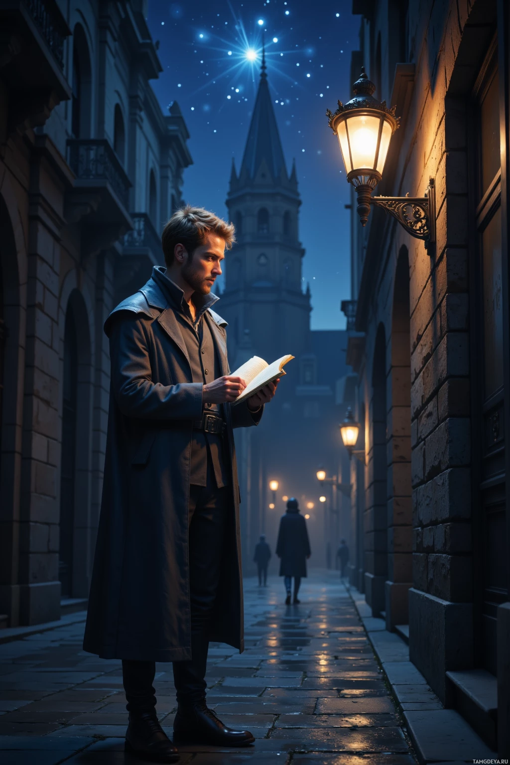 Realistic high quality photo. 33-year-old man with light brown hair, piercing blue eyes, wearing a sleek high-collared muted cloak, standing under a solitary streetlamp in a dark urban alley, holding a notebook and tracing constellations in the night sky above muted city buildings.
