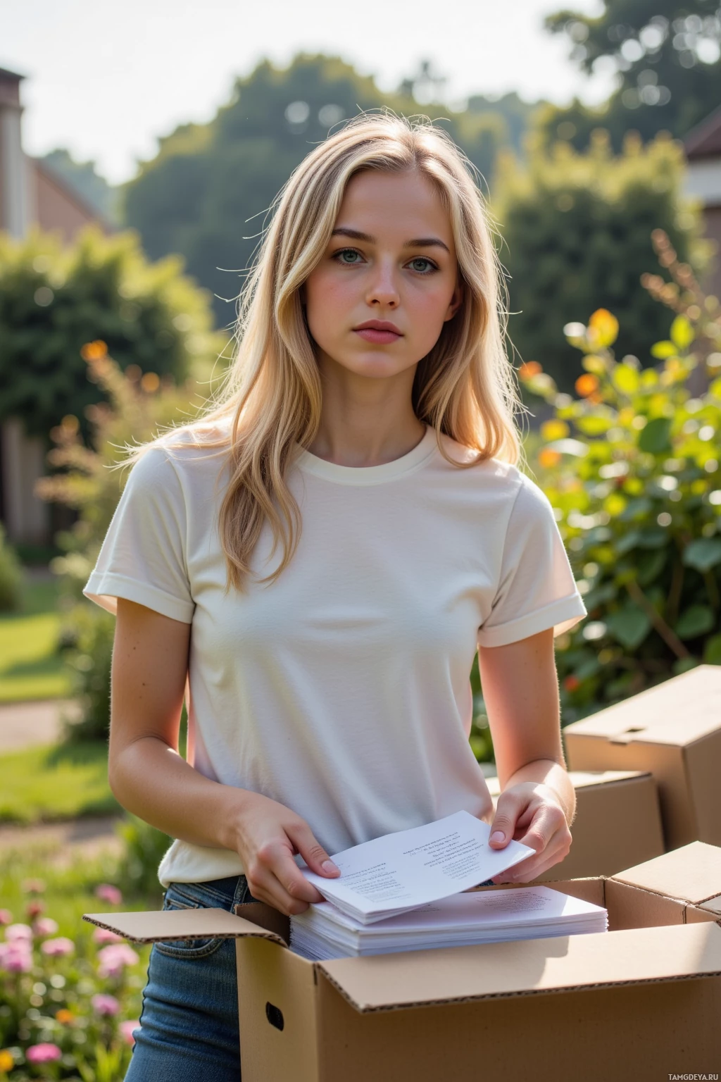 Realistic high quality photo. A young woman with long blonde hair, bright blue eyes, pale skin, wearing a relaxed‑fit t-shirt and jeans, sorting donation boxes in a maze‑like community garden at morning light, holding a phone with buzzing notifications and a stack of thank‑you notes, determined and ready to help the next person.