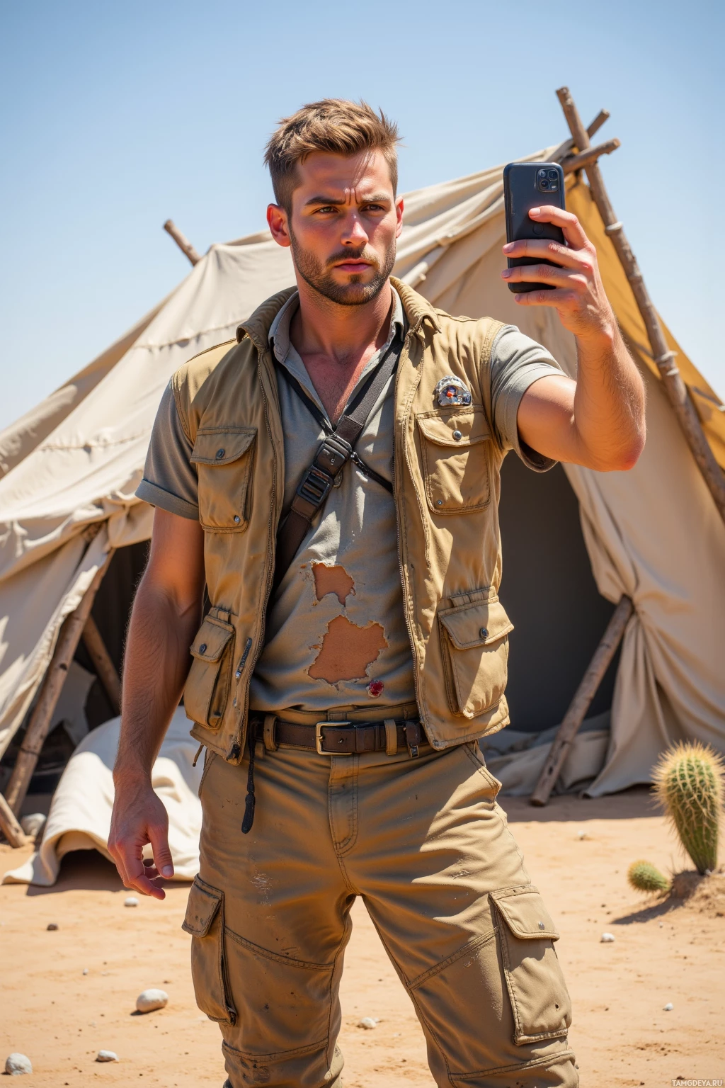 Realistic high quality photo. A rugged 32‑year‑old male survivalist with short blonde hair, stubble, blue eyes, wearing a weathered beige vest over a ripped khaki shirt and dirt‑streaked cargo pants, standing in a remote desert at midday, holding a smartphone for a selfie while a bleeding knuckle is visible, beside a meticulously built wooden‑and‑tarp shelter, with a partially deployed parachute frame and a lone cactus in the foreground.