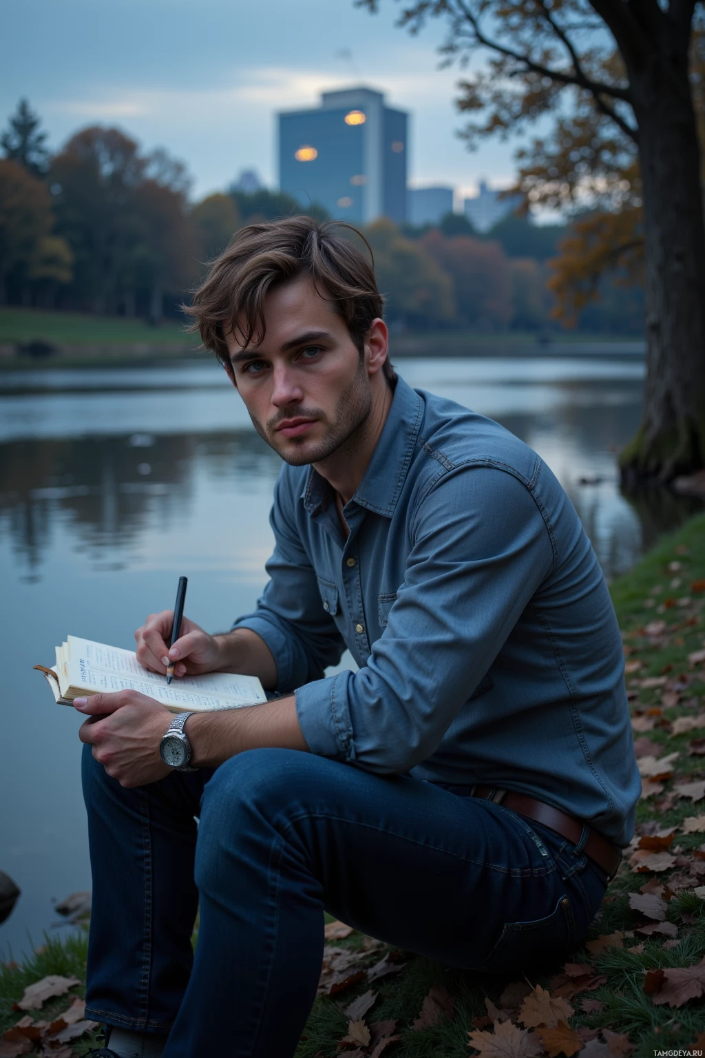 Realistic high quality photo. A 38‑year‑old male writer with light brown hair, blue eyes, fair skin, strong jawline, wearing a casual button‑up shirt and dark jeans, sits on a quiet riverbank at dusk, hunched over a notebook jotting fragments while distant city lights reflect on the water, surrounded by trees, evoking a thoughtful, introspective mood.