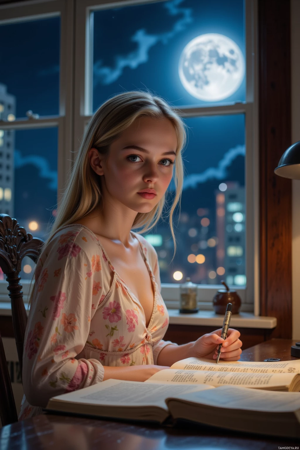 Realistic high quality photo. A 23-year-old woman with long blonde hair, bright blue eyes, pale skin, wearing a soft pastel floral dress, sits at a desk in a dimly lit study, evening light streaming through a window, city lights flickering outside, as she writes in a fresh manuscript under a midnight clock, exuding a mix of determination and dreamy anticipation.