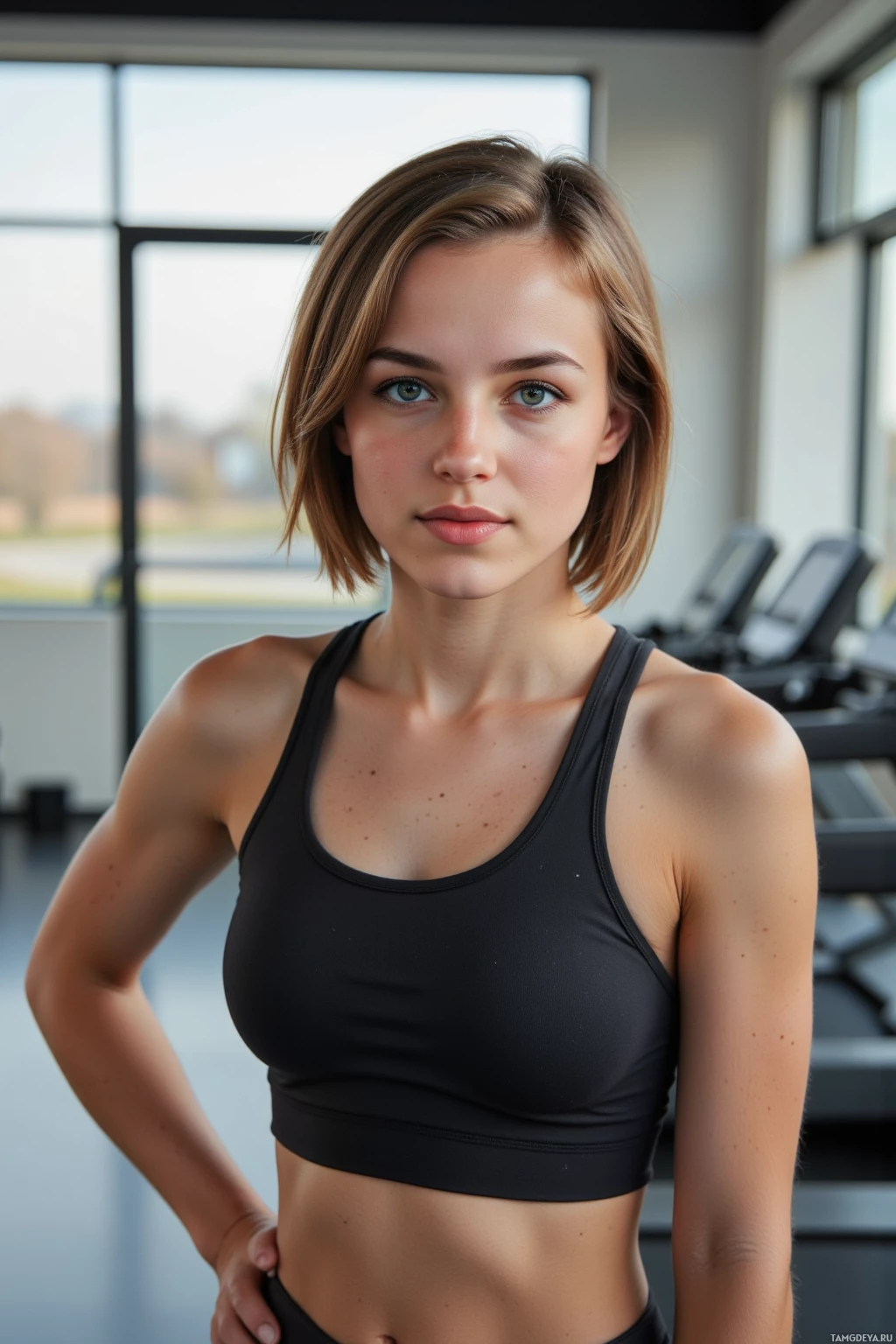 Realistic high quality photo. A 29‑year‑old female athletic woman with short brown hair, blue eyes, wearing a fitted tank top and sweatpants, standing in an empty modern gym after a workout, pausing to share a brief smile with a fellow runner beside a treadmill, early morning light filtering through large windows, her posture confident yet reflective.