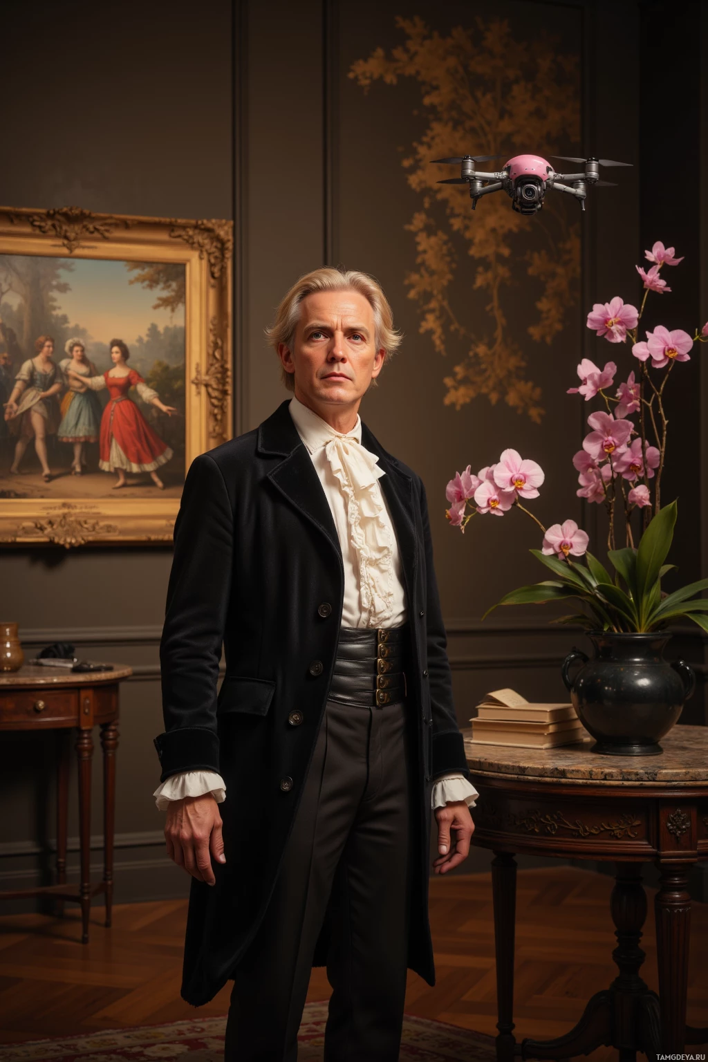 Realistic high quality photo. Middle‑aged man with blonde hair, clear blue eyes, wearing a vintage tailcoat, ruffled white shirt, and tailored trousers, stands in a dimly lit 17th‑century style gallery pointing at an animated oil painting of dancers while a small drone hovers in the corner playing a baroque trumpet, an orchid beside it, warm classical lighting.