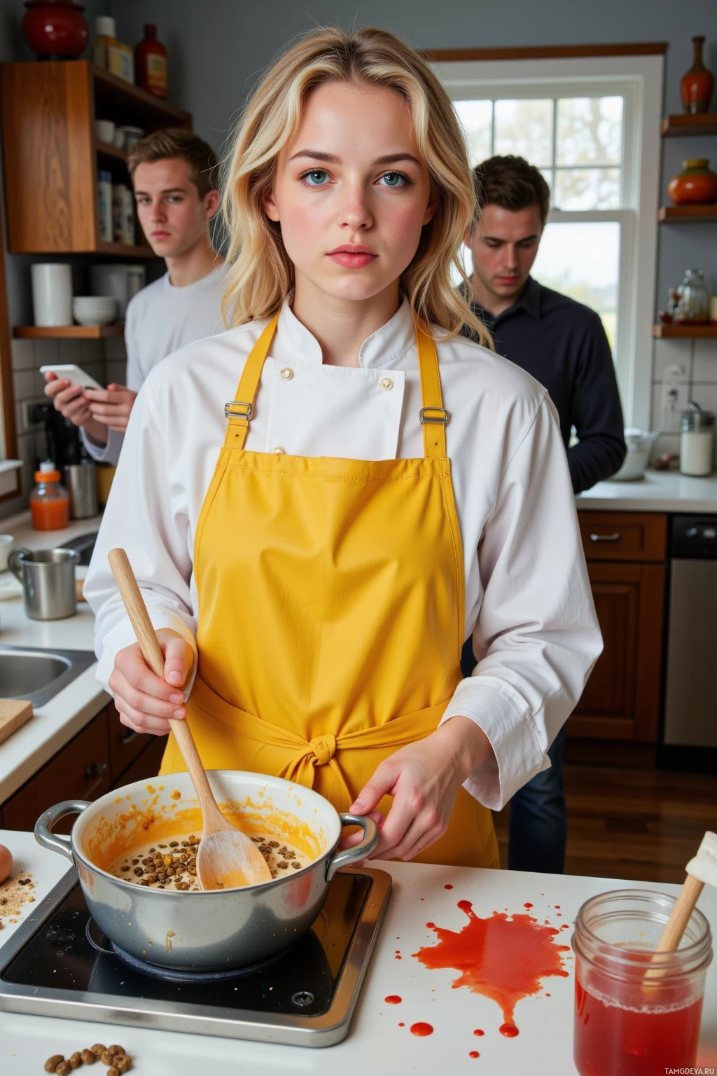 Realistic high quality photo. Curly blonde 23‑year‑old woman with bright blue eyes, wearing a bright yellow apron over a white chef's coat and holding a wooden spoon, stirring a bubbling pot of miso, coconut milk, and fermented peppercorns in a chaotic kitchen turned laboratory, as a red splash splashes the counter, a cat darts by, and a few friends gather nearby to watch.