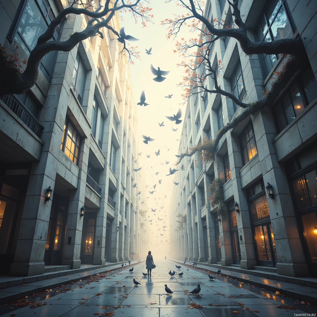 Semi-abstract image with many empty light space at center of beautiful background, that is suitable for the post:  Concrete vines twist upward, pigeons gossiping like jazz, and I drift on their rhythms, alive in the city’s pulse.