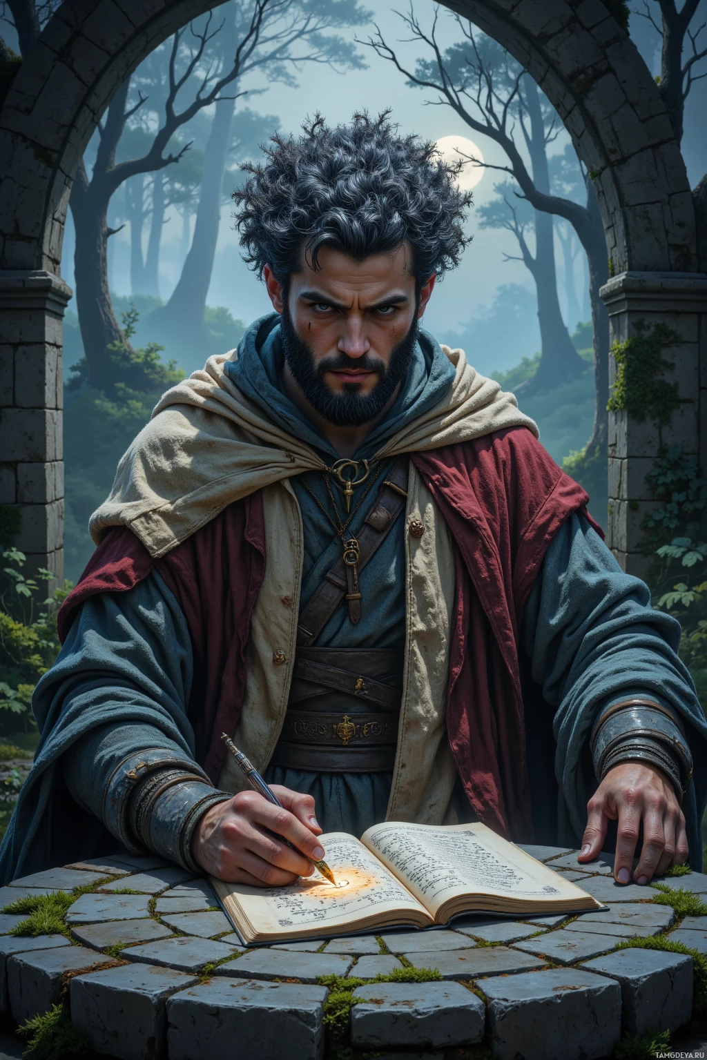 Realistic high quality photo. Male, 38, with graying thinning afro hair and piercing blue eyes, pale rugged features, wearing a worn patched long earth‑toned cloak and layered robes, sits at an old stone shrine in a misty valley under a full moon, tracing ancient runes with his hand, sketchbook open on a mossy floor, ink flowing as he draws, surrounded by whispering forest trees, night time, contemplative and reverent.