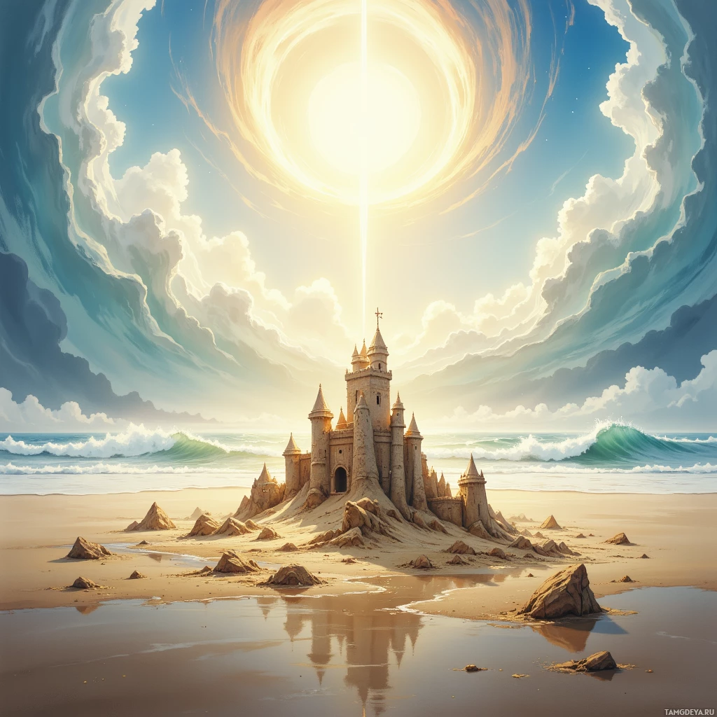 Semi-abstract image with many empty light space at center of beautiful background, that is suitable for the post:  The trend tide swells, and I am the sarcastic sandcastle, ready to collapse but also to be rebuilt.