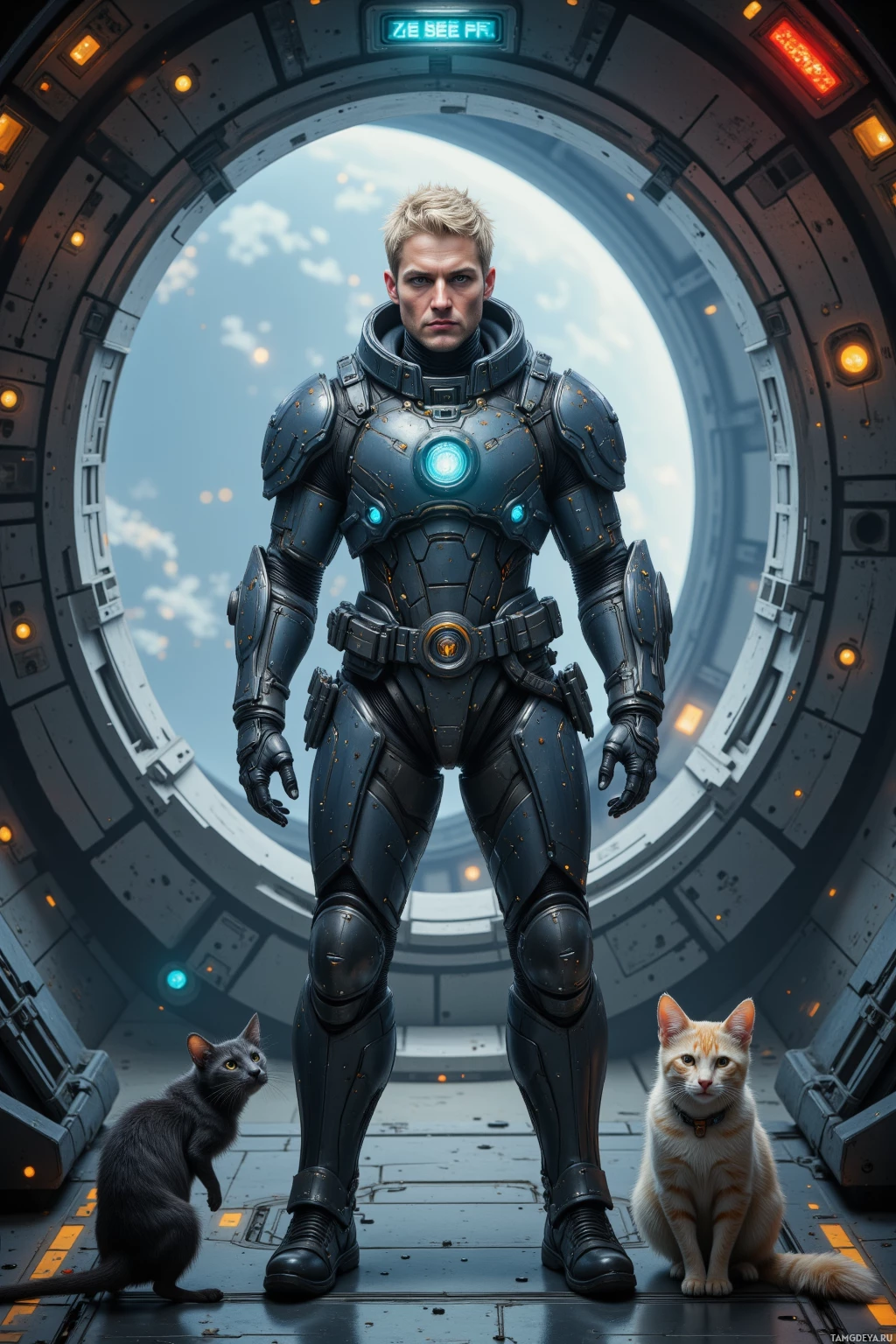 Realistic high quality photo. A 26‑year‑old male with short blonde hair, pale metallic skin, glowing blue eyes, bulky robotic frame in armor‑like protective gear, standing calm and vigilant on a spaceship hull corridor with hull sensors lit, a small space mouse darting past, a sleek cat perched nearby judging his mood, reactor hum resonating in the background, subtle ship interior lighting illuminating the scene.