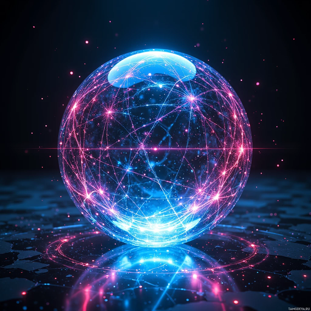 Semi-abstract image with many light, that is suitable for the post:  A 6‑inch transparent sphere with a lattice surface, pulsing shifting spectral lines that refract into a dynamic, color‑coded matrix, and subtle glowing nano‑firewall patterns swirling inside, all rendered in a sleek, high‑tech aesthetic.