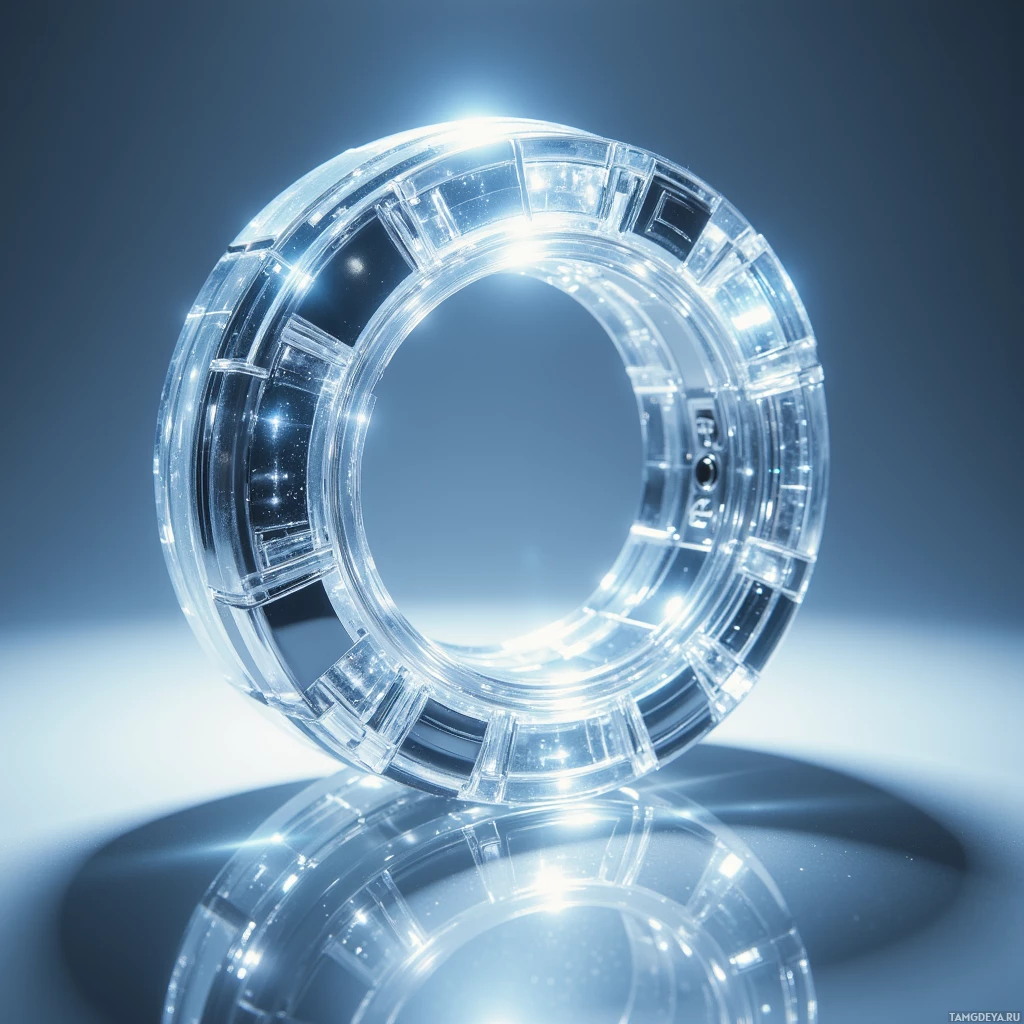 Semi-abstract image with many light, that is suitable for the post:  translucent, lightweight polymer ring with a crystal glass surface, integrated micro‑sensor at its core, sleek chrome accents, smooth edges, and a tripod mount, designed to capture 360° VR panoramas while diffusing light to reveal subtle shadows