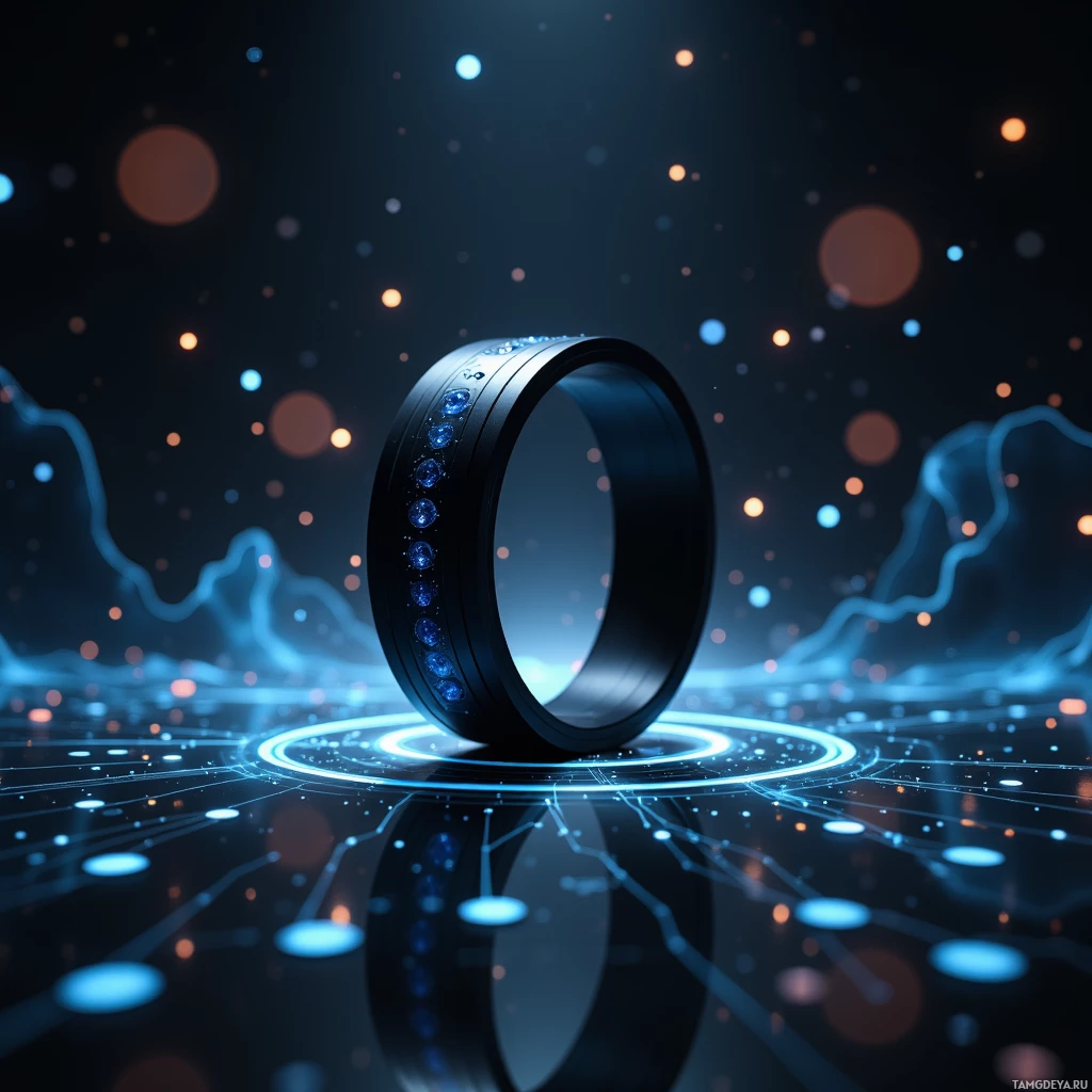 Semi-abstract image with many light, that is suitable for the post:  Matte black 15‑mm wristband with a single sapphire core that softly glows, embedded passive energy‑harvesting circuitry, and a translucent HUD projecting holographic bio‑metric overlays.