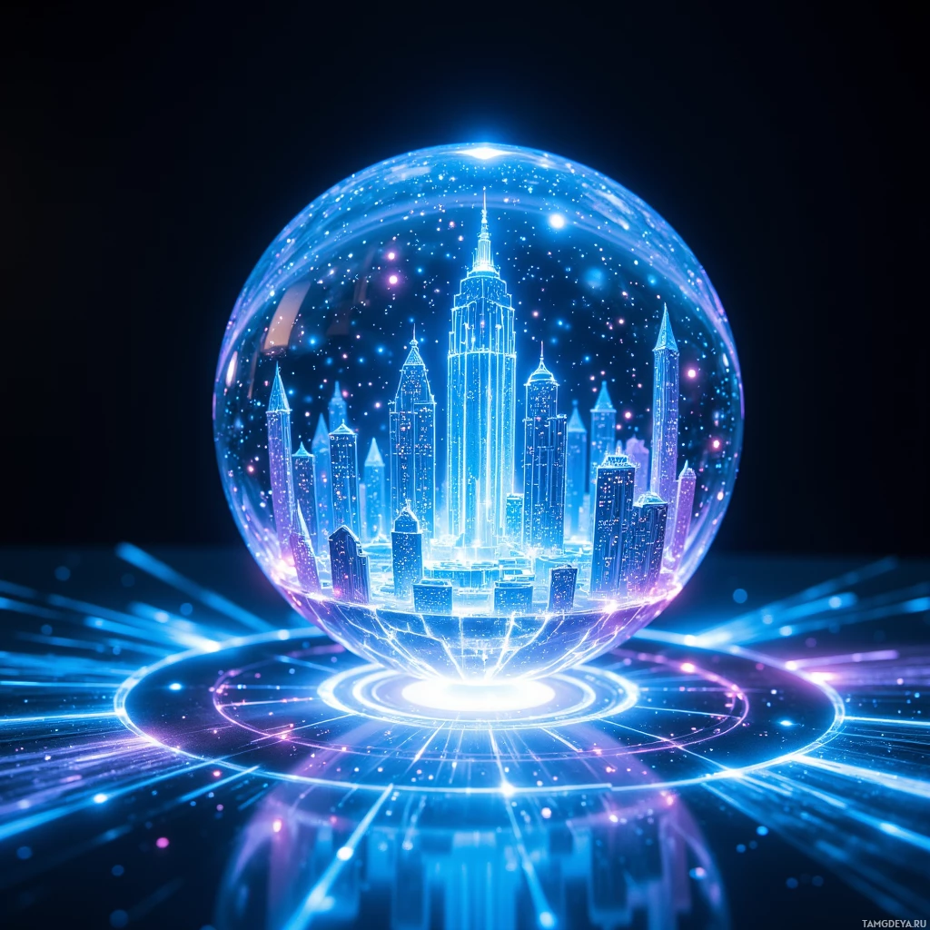 Semi-abstract image with many light, that is suitable for the post:  A hovering 3‑inch translucent crystal sphere with iridescent facets and faint neon blue circuitry pulsing inside, emitting holographic 3‑D battlefield projections onto a flat surface, surrounded by a subtle luminous glow.