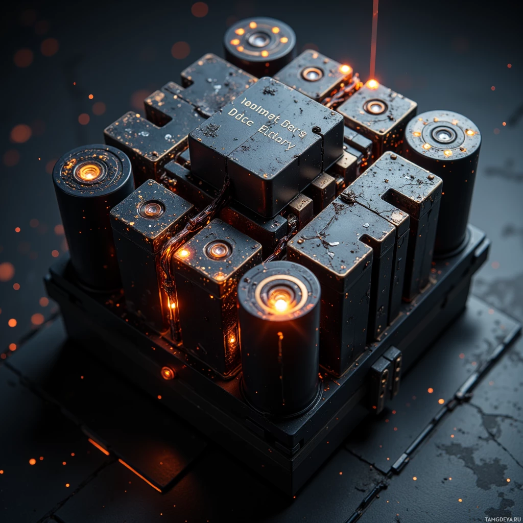 Semi-abstract image with many light, that is suitable for the post:  Matte‑black modular battery stack with magnetic interlocking cells, lattice of copper‑tinned filaments pulsing in sync with a bioelectric resonance, subtly glowing micro‑differential capacitor array, rhythmic light pulses indicating charge cycle.