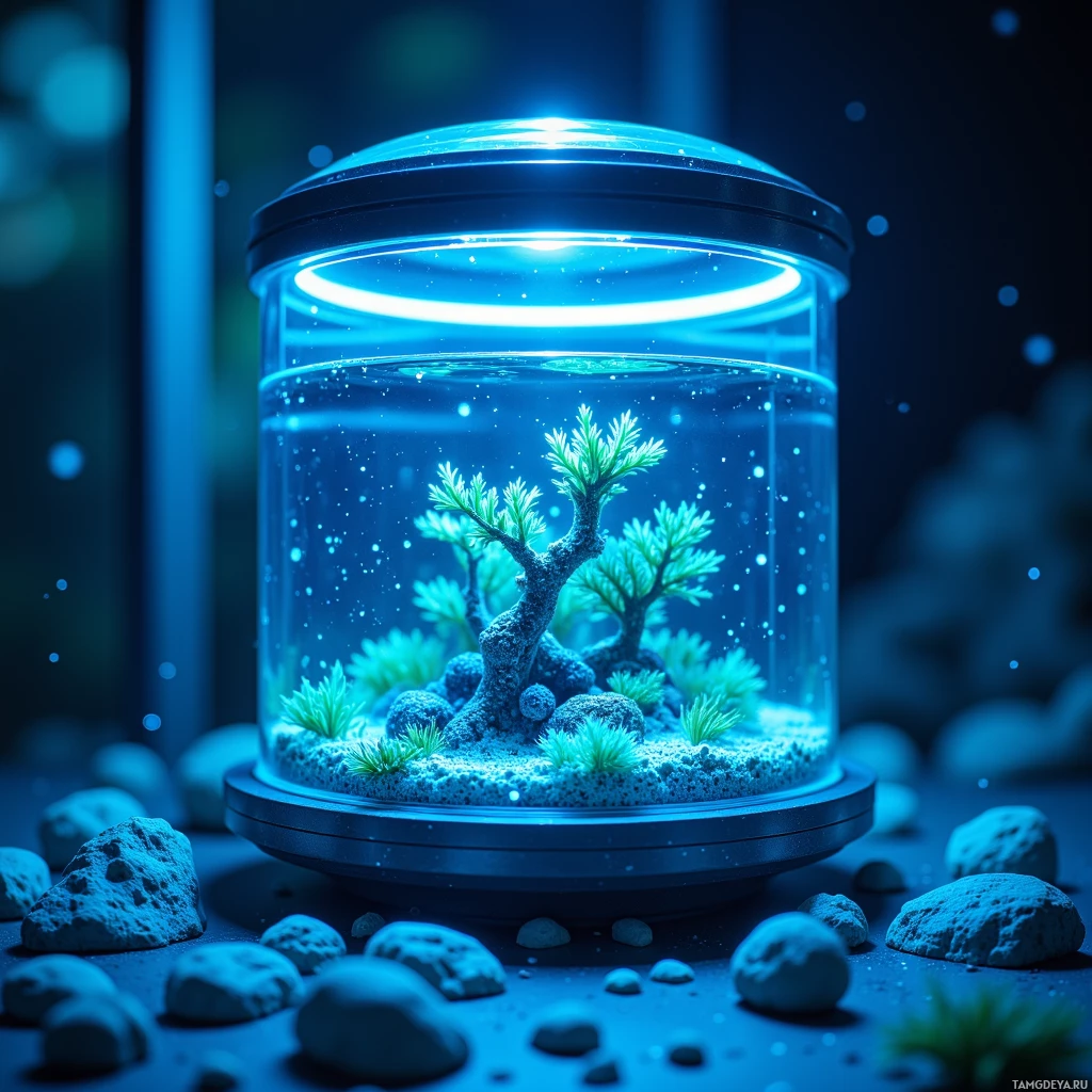 Semi-abstract image with many light, that is suitable for the post:  Sleek glass cylinder with soft blue LED glow, transparent walls revealing a tiny 3D‑printed scaffold inside, and a chamber filled with clear seawater teeming with live symbiotic algae, subtle temperature and pH sensors visible, all encapsulated in a futuristic laboratory device.