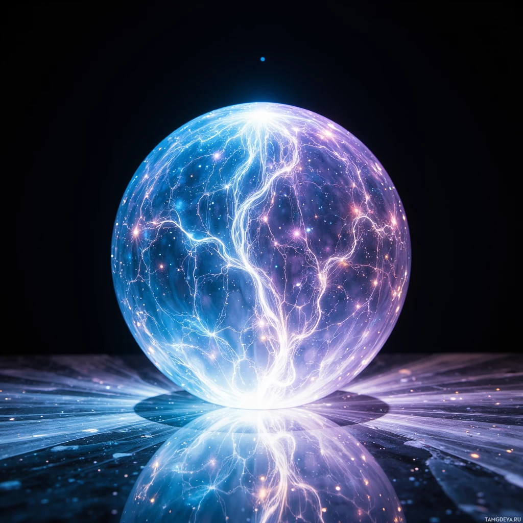 Semi-abstract image with many light, that is suitable for the post:  Translucent crystal sphere, 6 inches in diameter, floating slightly above surface, gently pulsing with soft shifting colors, surface etched with delicate micro‑holographic filaments that shift with motion, shimmering and refracting light for a futuristic, elegant look.