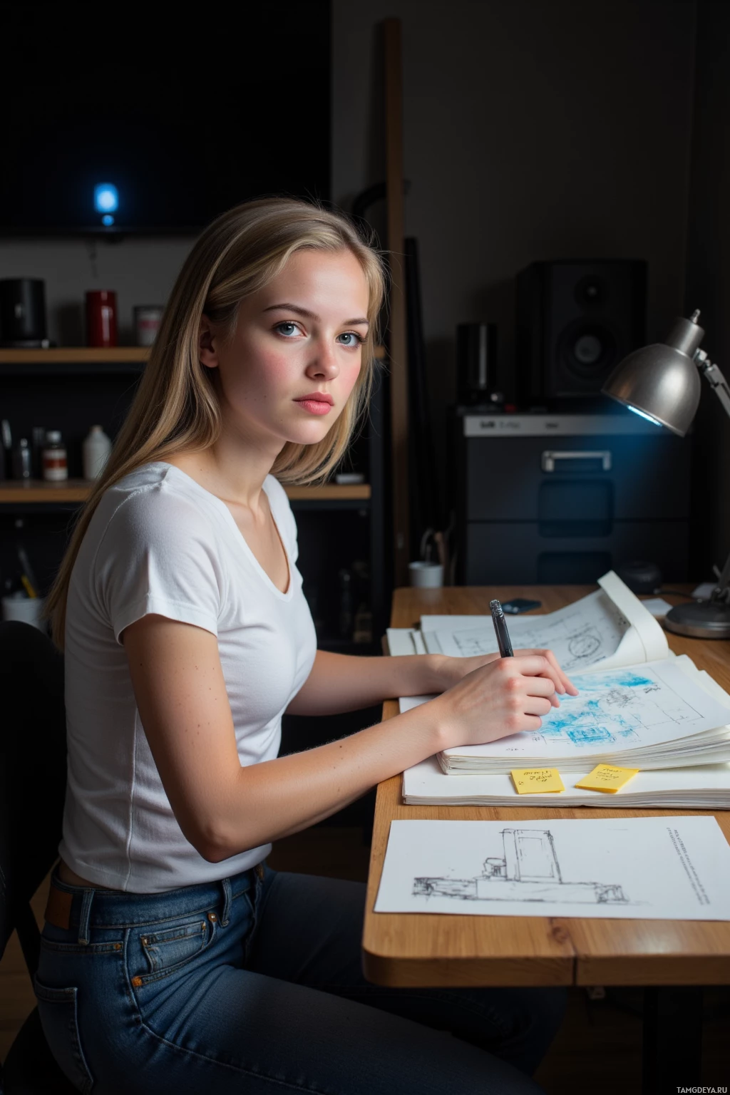 Realistic high quality photo. At night, a 25‑year‑old woman with fair skin, loose blonde waves, bright blue eyes, wearing a white t‑shirt and fitted jeans, sits at a wooden desk in a dim studio, a blue light stripe drifting across a neat grid of sticky notes and dozens of sketchbooks as her hands are poised to sketch amid the soft glow.