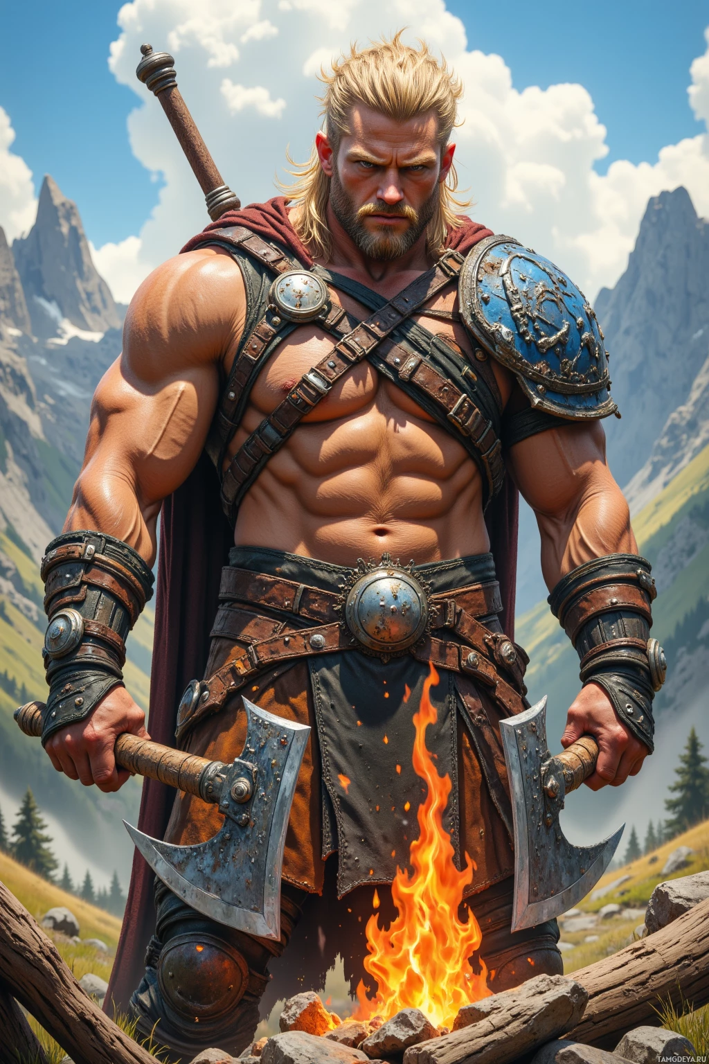 Realistic high quality photo. A tall muscular man, 32, with wild blonde hair, striking blue eyes, rugged face, battle‑scarred skin, wearing worn leather armor with metal accents and dual axes, standing in a sunlit valley beside a roaring forge, striking steel on steel with a calm yet battle‑ready stance.