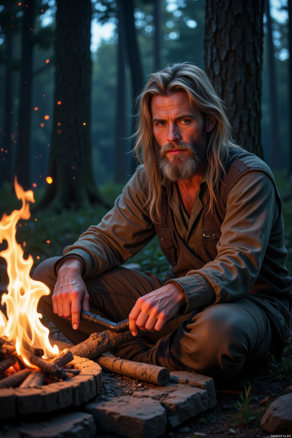 Realistic high quality photo. A rugged 45‑year‑old man with long wild blonde hair, full beard, piercing green eyes, wearing faded earth‑toned clothing, sits by a crackling fire pit in a dense forest at night, holding a tool close as shadows dance on the bark beneath a starry sky.