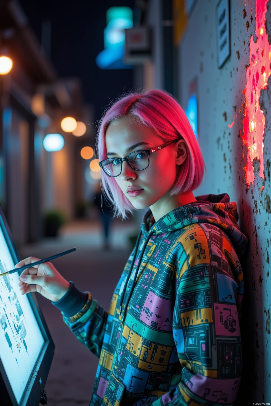 Realistic high quality photo. A 27‑year‑old woman with bright pink hair, blue eyes, fair skin, oversized glasses, and a colorful hoodie patterned with circuit board motifs, standing in a dimly lit alley at night, hand hovering between a glowing monitor and a rusted paintbrush, as flickering street lights cast fragmented, pixel‑like glows onto a flat wall that morphs into a living glitch of color, her posture tense and focused amid the quiet hum of a city after dark.
