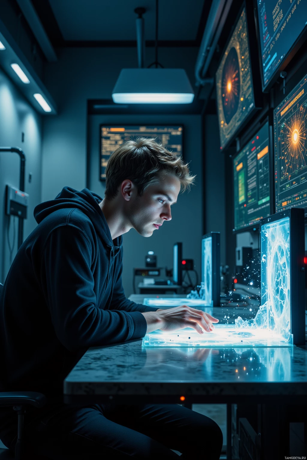 Realistic high quality photo. A 32‑year‑old slender man with light brown hair, blue eyes, pale skin, wearing a hoodie, sits in a dim sci‑fi laboratory hunched over a holographic console, watching glitchy sunrise‑like patterns paint across a translucent hard drive as a synth pulse hums, while flickering screens reveal corrupted data streams.