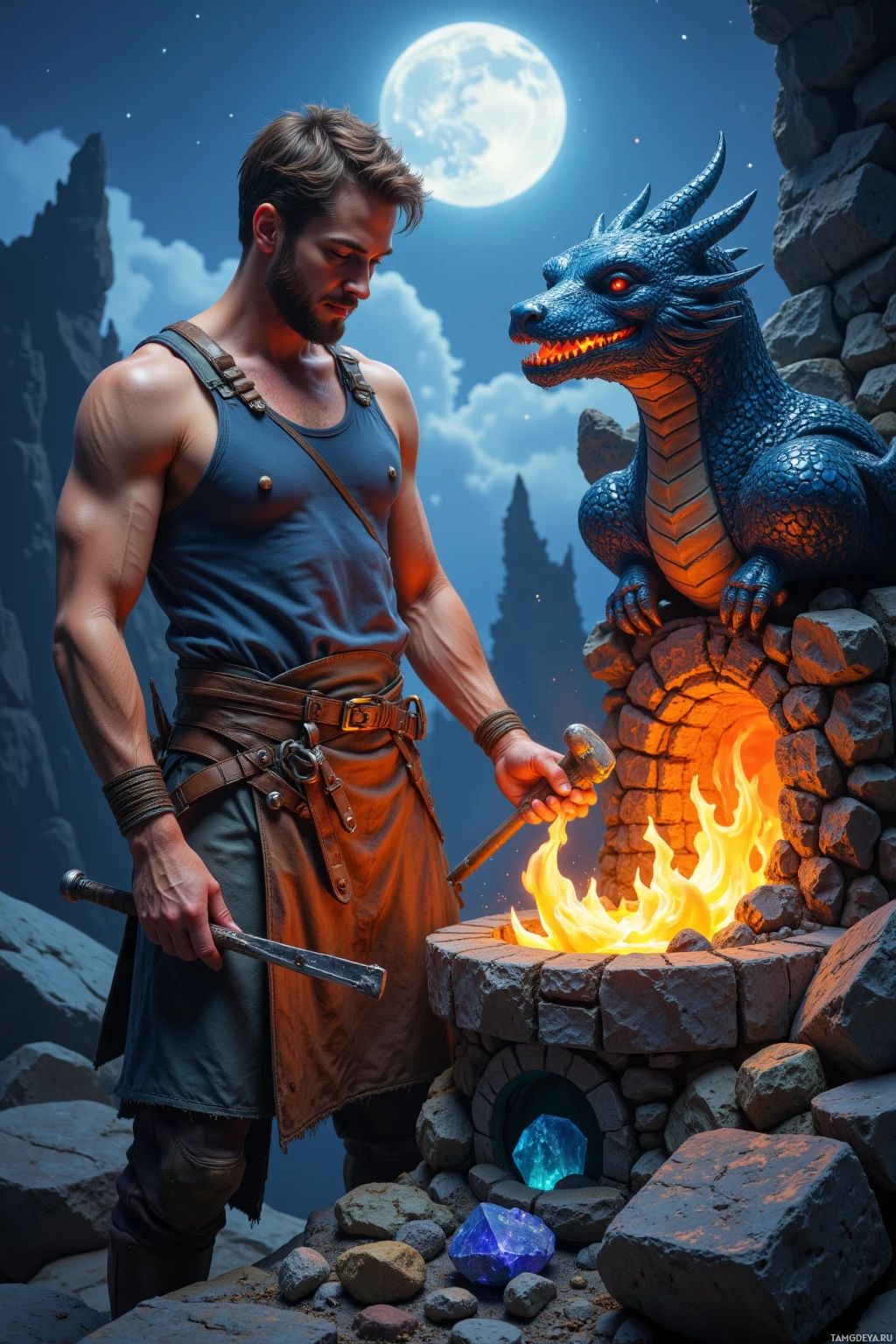 Realistic high quality photo. Male 29, light brown hair, bright blue eyes, fair skin, fitted tank top and leather apron, standing on a moonlit ridge beside a glowing stone forge, holding tongs and hammer, intently chiseling a clay dragon that breathes flame, checking crystal ore, with a guarded smile, surrounded by firelit stone.