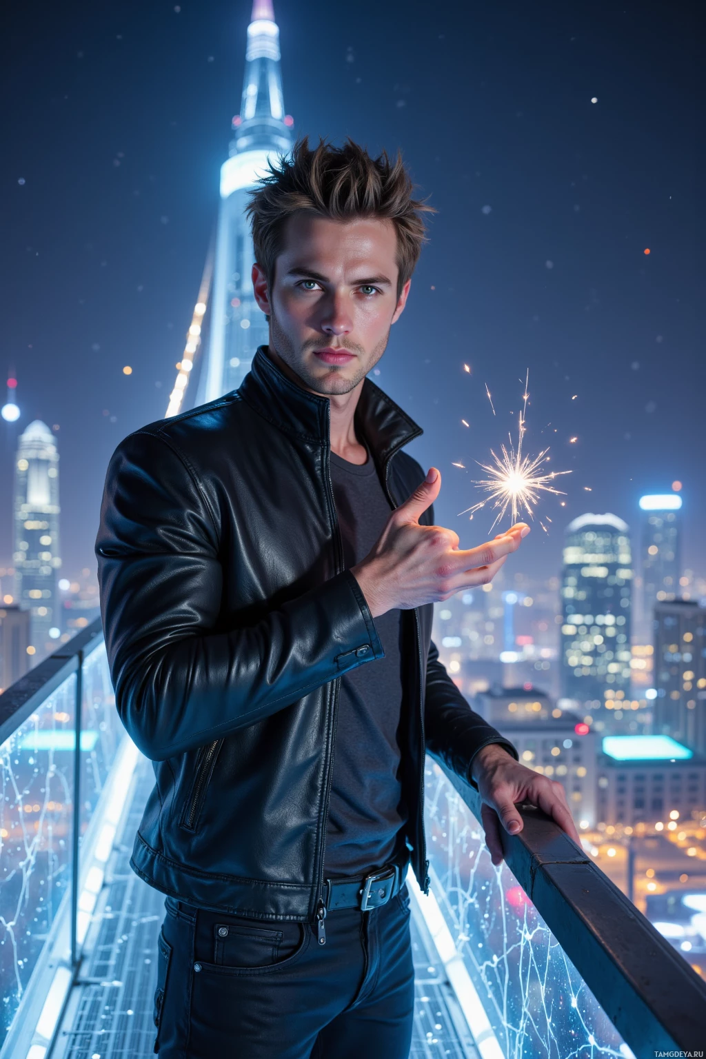 Realistic high quality photo. Male, 28, light brown spiky hair, bright blue eyes, wearing a fitted black leather jacket over a dark shirt and slim dark jeans, standing on a holographic bridge with shimmering glass, fingers together counting sparks, poised as if dancing on the edge, night sky with stars above a futuristic metropolis.
