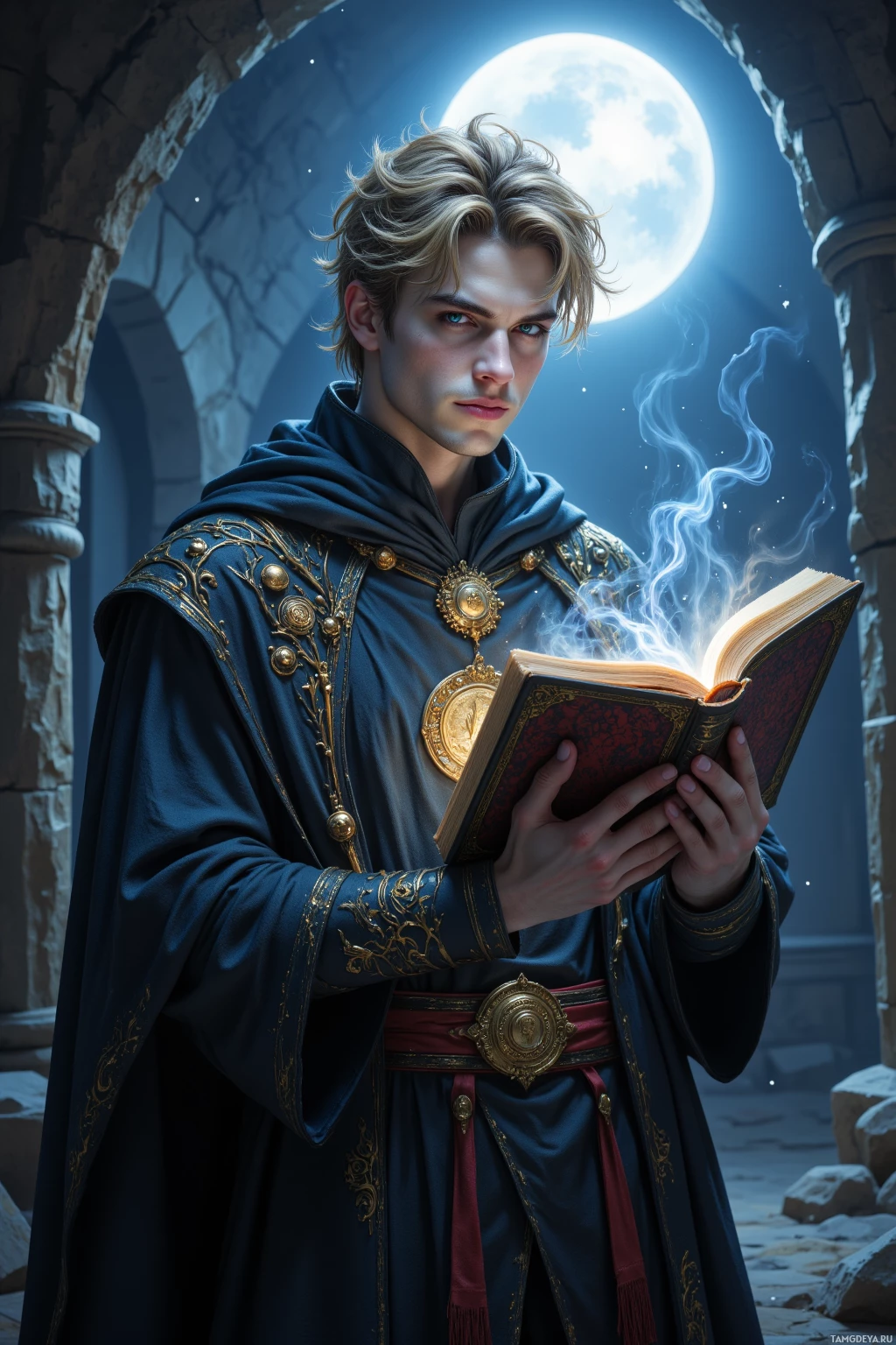 Realistic high quality photo. Male, 33, wild dark blonde hair, piercing blue eyes, pale skin, angular features, wearing dark robes with mystical symbols, standing in a moonlit cavern where silver coin‑shaped moonlight bathes ancient sigils glowing under his fingertips, clutching a forbidden tome with a hidden rune as aromatic smoke of burnt herbs curls around him, his grin daring and amused.