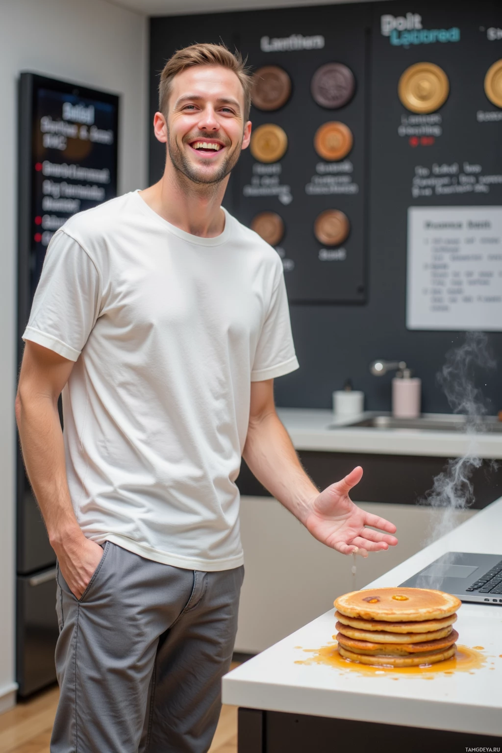Realistic high quality photo. A 33‑year‑old man with short light brown hair and blue eyes, wearing a white t‑shirt and loose gray jeans, laughing in a contemporary kitchen with a pancake disaster on the counter, a digital leaderboard displaying bronze badges, and a laptop open to brainstorming notes, steam from burnt sugar rising.