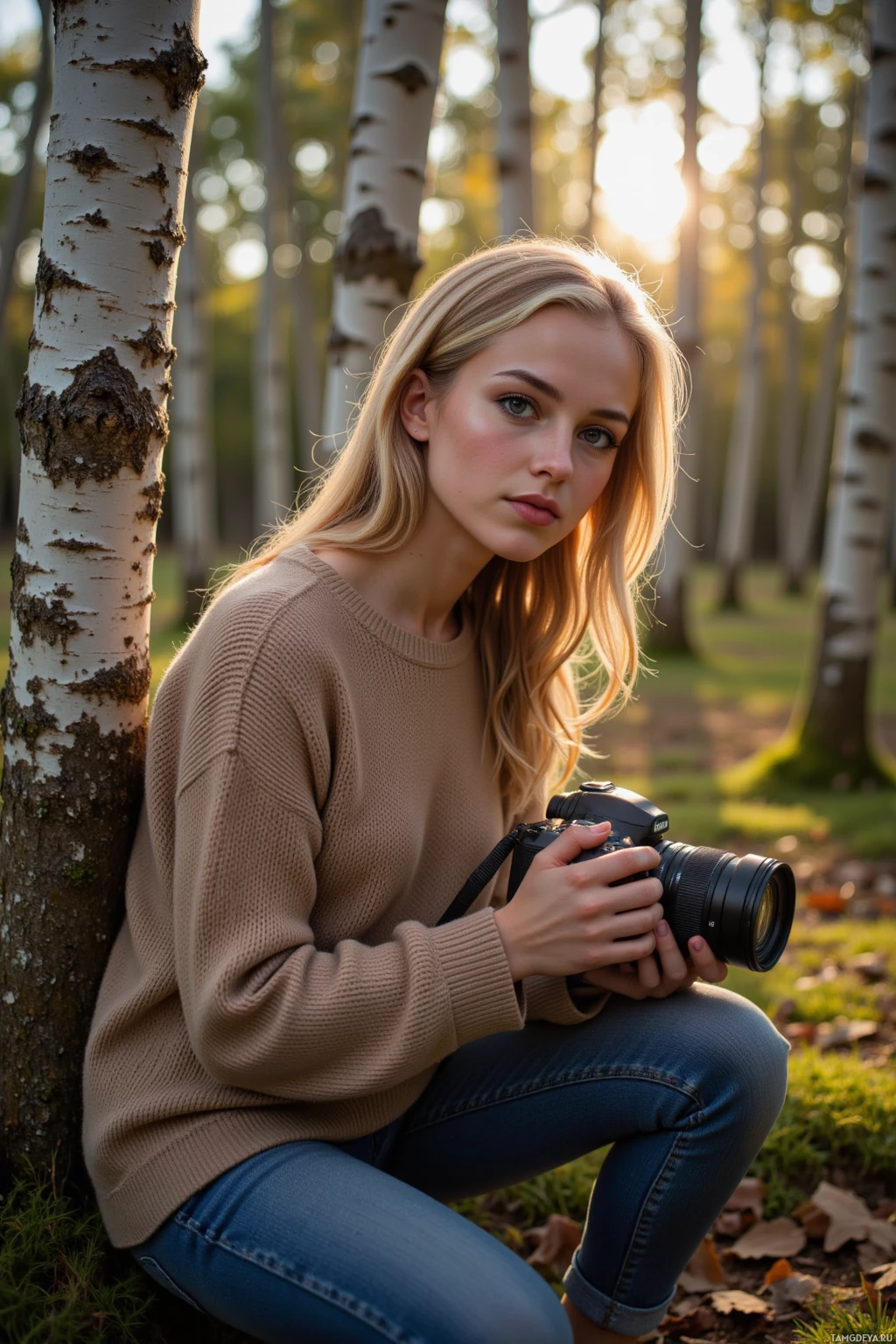Realistic high quality photo. A 32‑year‑old woman with wavy blonde hair, green eyes, freckled skin, wearing a soft earth‑toned knit sweater, sits on a mossy log in a birch forest, gently adjusting a camera lens as a single ray of sunlight filters through the trunks, casting shifting patterns of light and shadow on the forest floor while the wind rustles leaves around her.