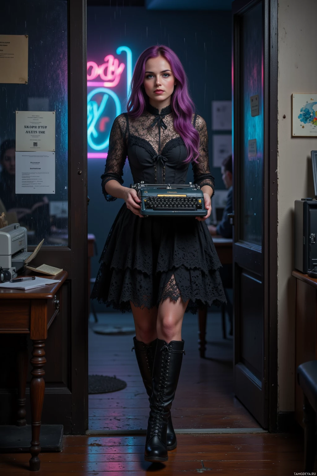 Realistic high quality photo. Female, 26, long purple hair, blue eyes, wearing a layered black lace dress with berry ribbons and gothic boots, walking out of a dim office at night holding a vintage typewriter while a printer whines, rain smears the window, and a flickering neon sign glows outside.