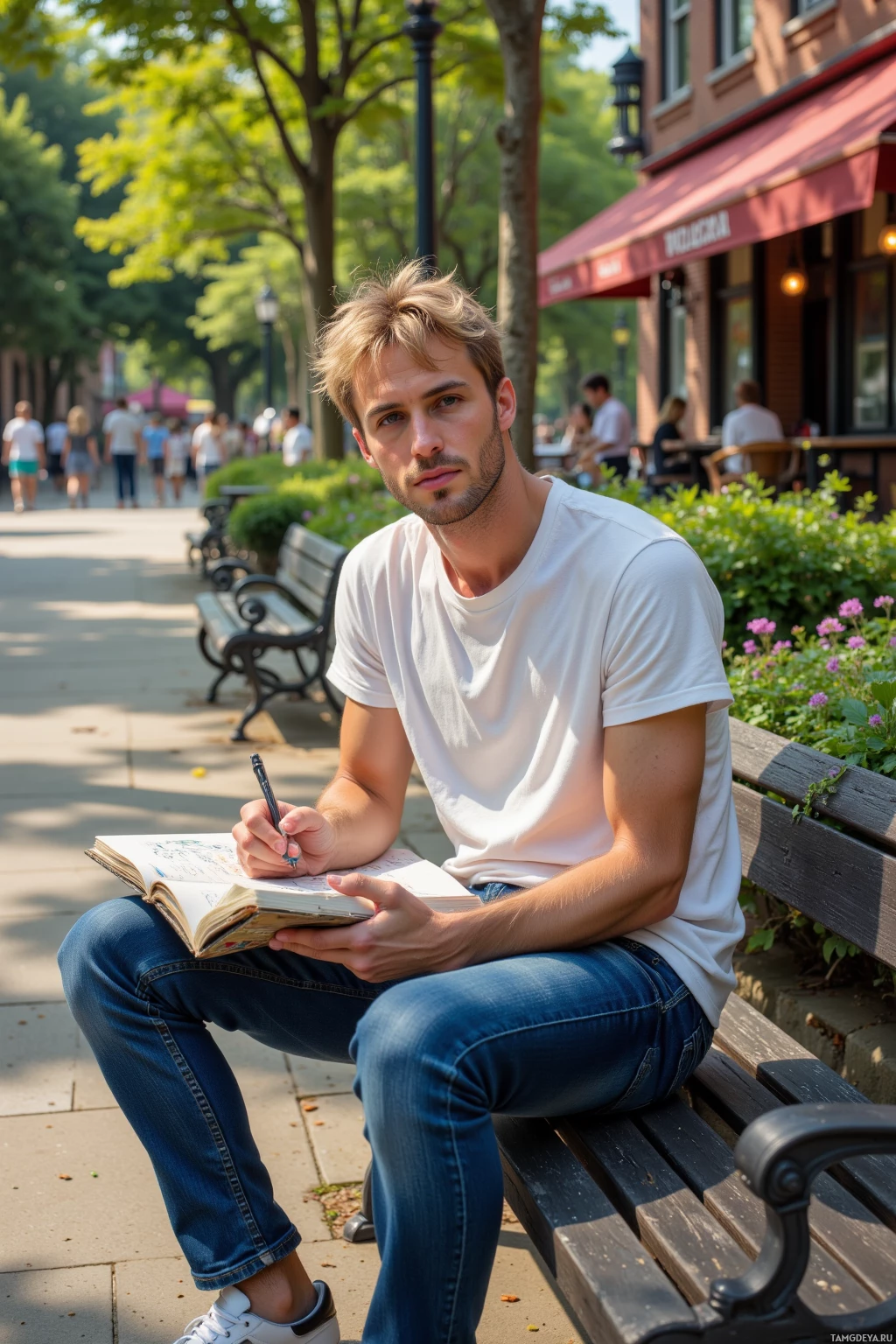 Realistic high quality photo. Late afternoon in a city park, a 26‑year‑old man with messy blonde hair and clear blue eyes, pale skin, wearing jeans, a plain white t‑shirt, and sneakers, sits on a bench sketching on an open sketchbook while light spills over an old brick café with old trees in the background.