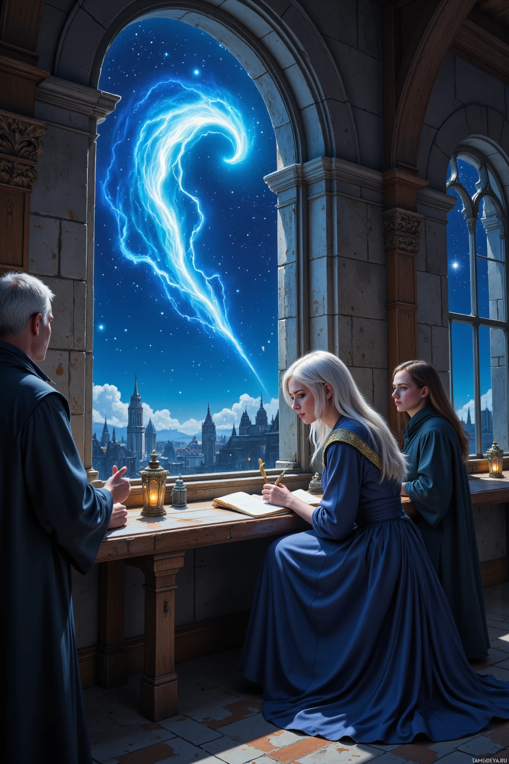 Realistic high quality photo. Woman, 28, silver hair, bright blue eyes, wearing a flowing dark blue gown, hunched over a cramped notebook in a dimly lit guild hall, gazing out a window at a flickering ancient comet against a star‑filled night sky while skeptical guild members in scholarly robes observe.