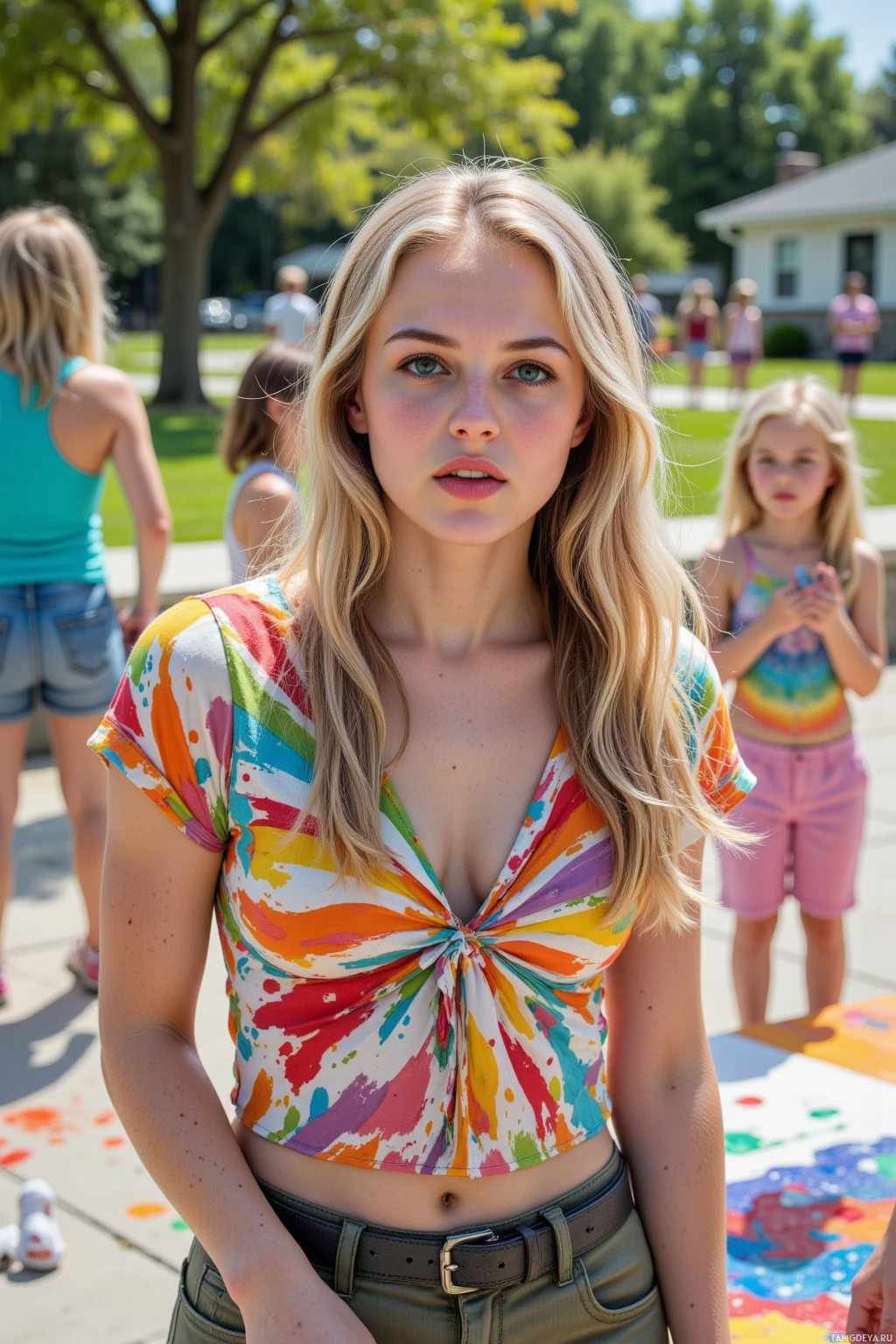 Realistic high quality photo. Woman with long blonde hair, bright blue eyes, radiant white skin, wearing a colorful patterned blouse and casual pants, standing on a wooden stage under a bright sunny afternoon in a community park, shouting reminders to volunteers while kids laugh and paint spills onto the concrete, a vibrant mural in progress beside her, her hair slightly windblown, posture energetic and slightly impatient.