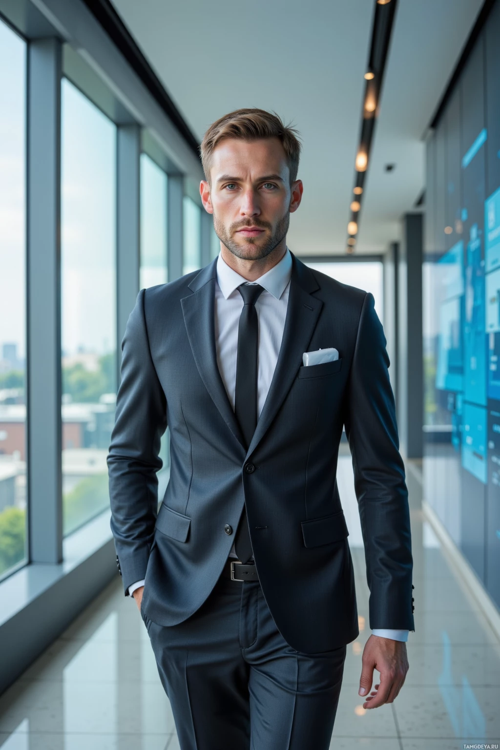 Realistic high quality photo. A 33‑year‑old man with short light brown hair, piercing blue eyes, fair skin and a sharp jawline, wearing a dark tailored suit, crisp white shirt, black tie, strides confidently through a modern glass office hallway with sleek digital displays and floor‑to‑ceiling windows, a slim portable AI device in his pocket, daylight pouring in, his posture upright and focused, exuding ambition and determination.