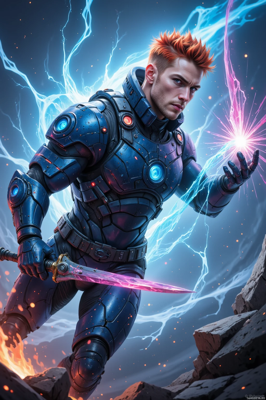 Realistic high quality photo. 28‑year‑old muscular male with short fiery red hair, blue eyes, pale skin, in dark tactical VR armor with tech accents, slicing through holographic defense walls in a quantum arena, surrounded by swirling data streams and a silent, static‑filled crowd of avatars, at peak battle intensity.