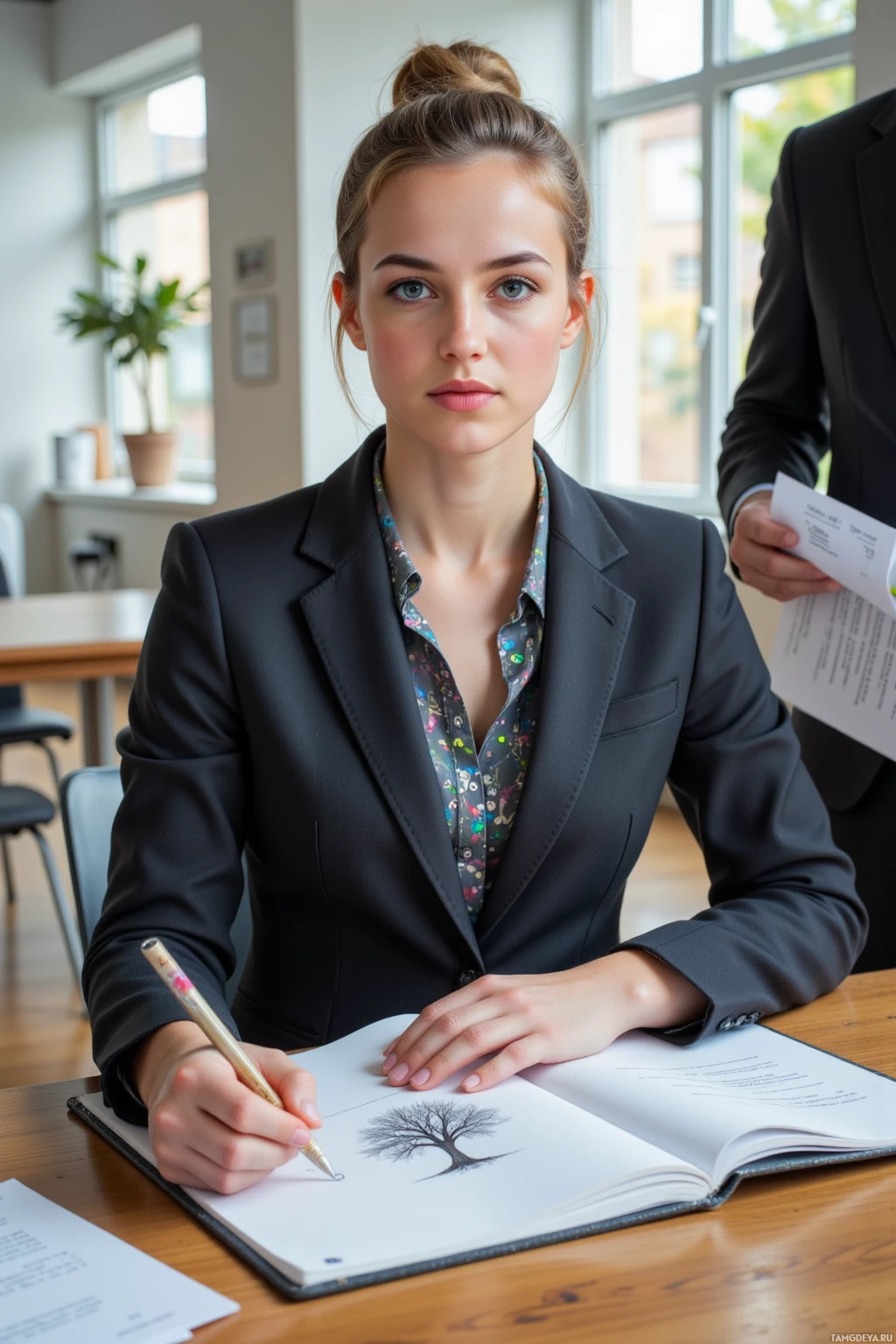 Realistic high quality photo. A 33‑year‑old woman with light brown hair in a neat bun, blue eyes, pale skin, wearing a sharp tailored business suit and a subtle holographic scarf, sits at a desk in a modern office where sunlight filters through a window onto a wooden floor, sketching boundary lines of an oak tree on a legal pad while a colleague stands nearby holding a draft petition.