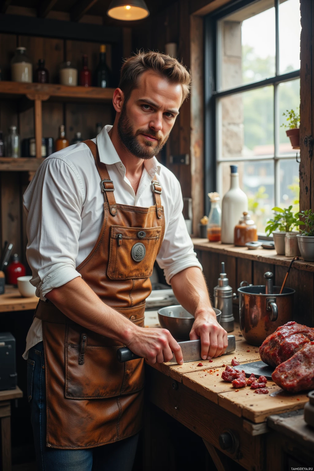 Realistic high quality photo. A 35‑year‑old man with short light brown hair and a beard, wearing a worn leather apron over a white shirt and rugged trousers, sharpening knives on a wooden workbench in a bright morning workshop, a small wooden smoker beside him as he prepares smoked meat, his hands steady and a proud grin spreading across his face, surrounded by metal tools and a rustic, savory atmosphere.