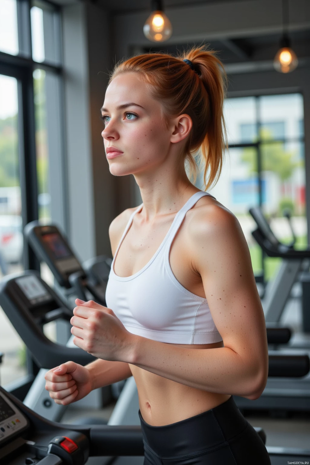 Realistic high quality photo. 23‑year‑old woman with bright red hair in a tight ponytail, blue eyes, wearing a white tank top and black leggings, running on a treadmill in a modern indoor gym, intense focus and slight frustration on her face as she pushes both herself and the machine to the limit.