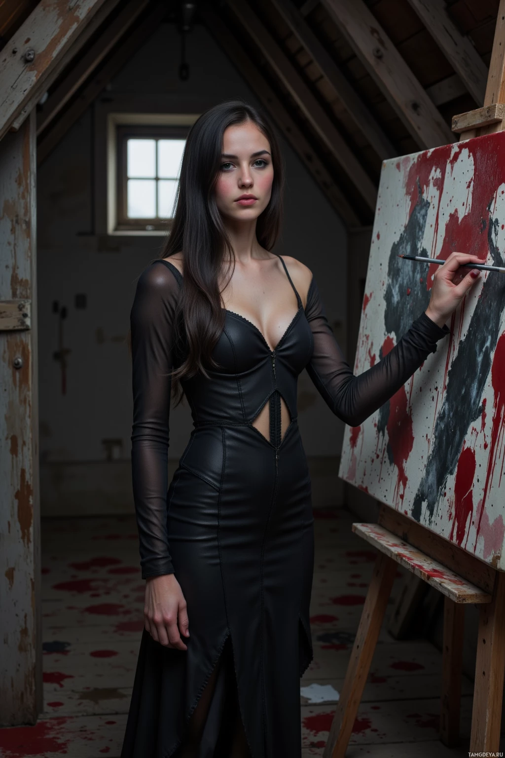 Realistic high quality photo. A slender woman in her thirties, long black hair, pale porcelain skin, deep green eyes, paint‑smudged fingers, wearing a layered black dress with asymmetrical cuts, stands in a dim attic with walls dripping crimson paint, moonlight filtering through a small window, holding a paintbrush in one hand and a canvas in front, rehearsing a solitary artistic ritual.